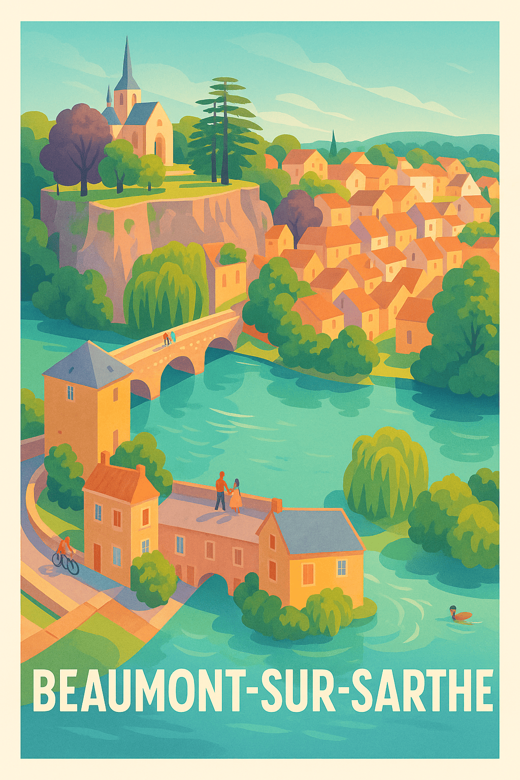 Sarthe France Pas de Cadre / 20 × 30cm Affiche de Beaumont-sur-Sarthe - Charme et sérénité au fil de l'eau