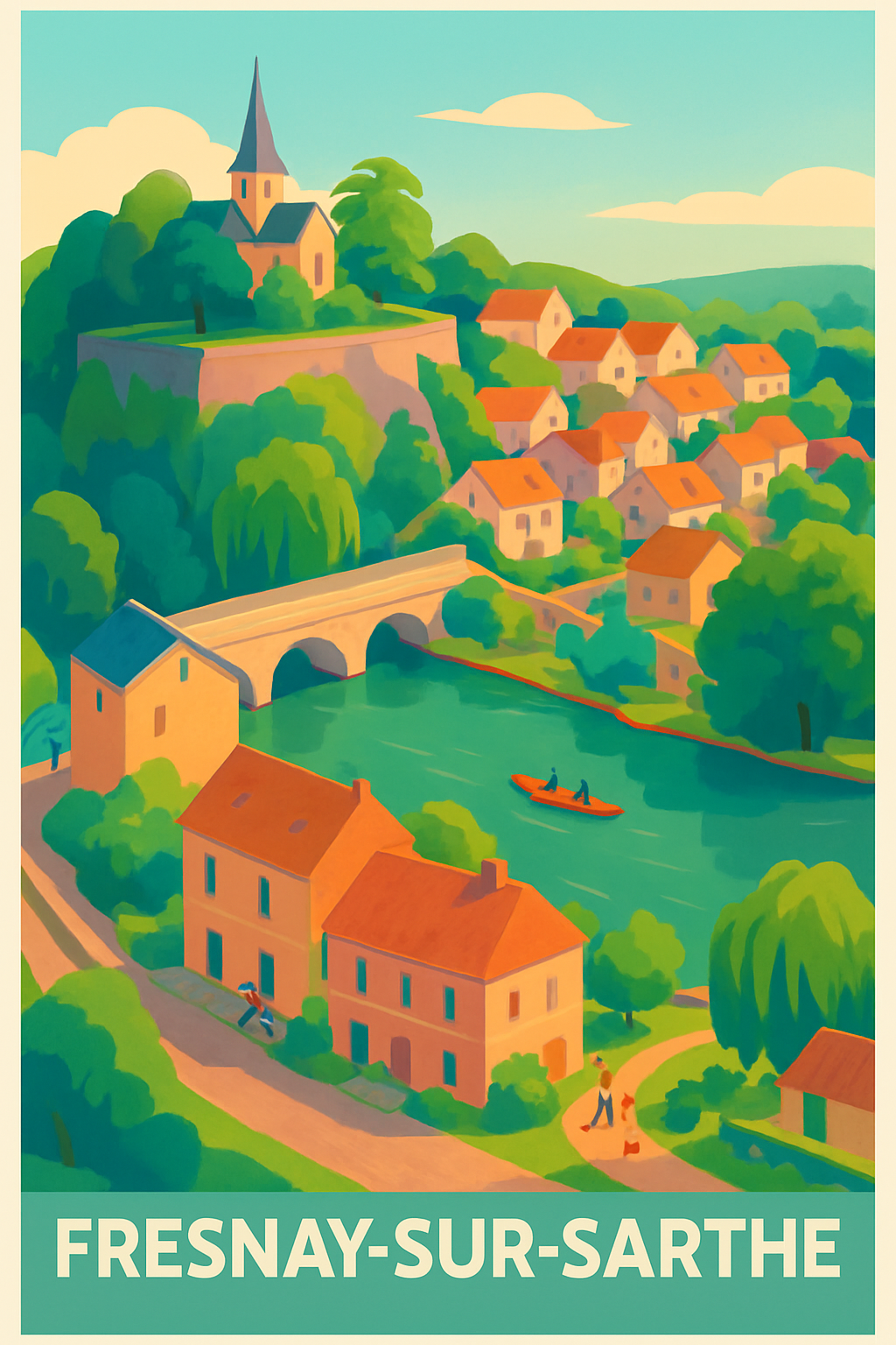 Sarthe France Pas de Cadre / 20 × 30cm Affiche de Fresnay-sur-Sarthe - Charme bucolique au fil de l'eau
