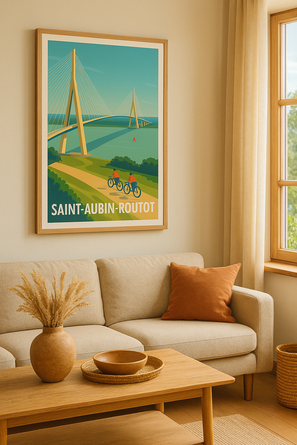 Affiche Saint-Aubin-Routot — L'élégance du pont et l'évasion à vélo · poster d'art de Saint-Aubin-Routot