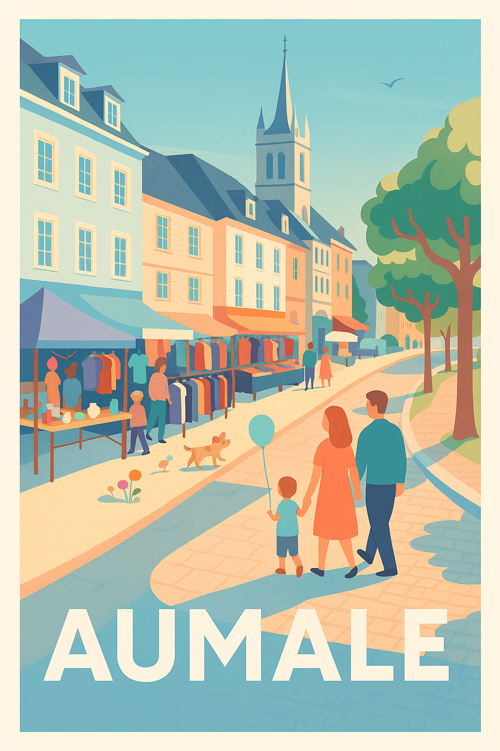 Seine-Maritime France Pas de Cadre / 20 × 30cm Affiche de Aumale - Promenade en famille au cœur du marché