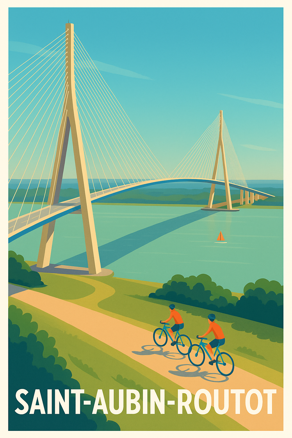 Affiche Saint-Aubin-Routot — L'élégance du pont et l'évasion à vélo · poster d'art de Saint-Aubin-Routot
