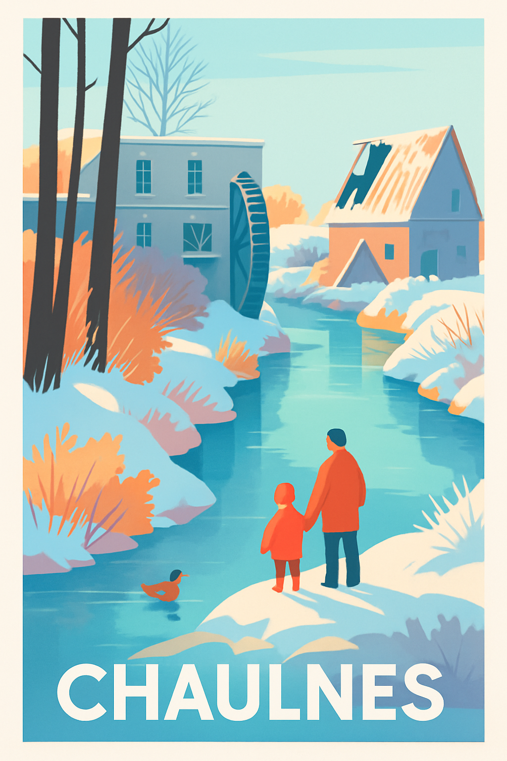 Somme France Pas de Cadre / 20 × 30cm Affiche de Chaulnes - Tranquillité hivernale au bord de l'eau