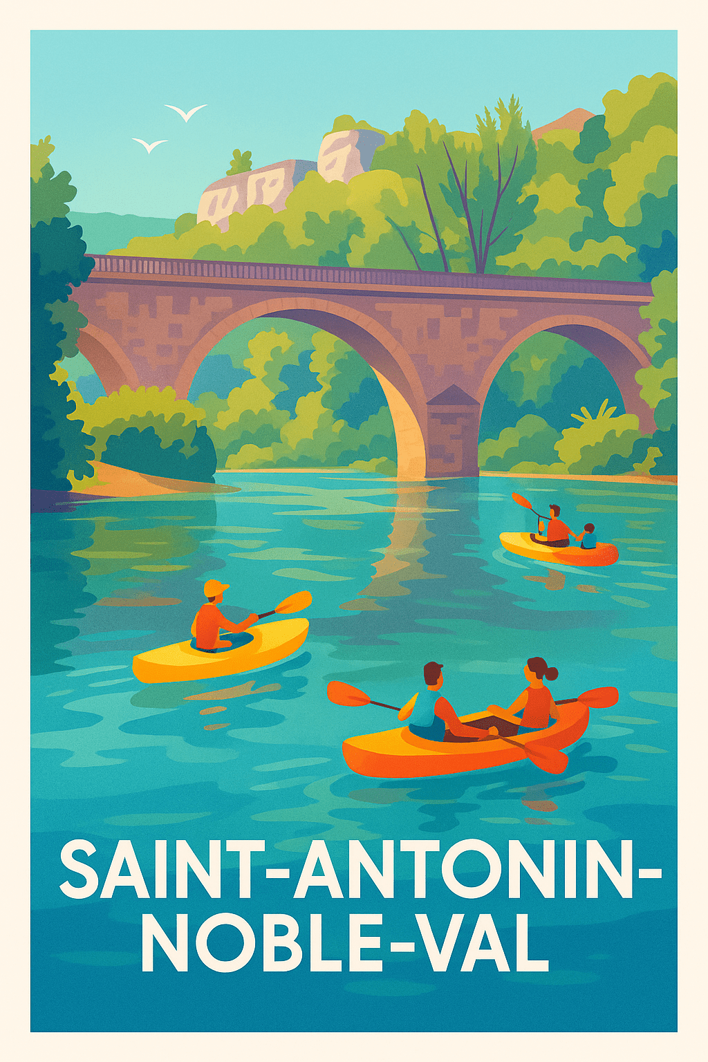 Affiche Saint-Antonin-Noble-Val — Aventure et détente au fil de l'eau · poster d'art de Saint-Antonin-Noble-Val