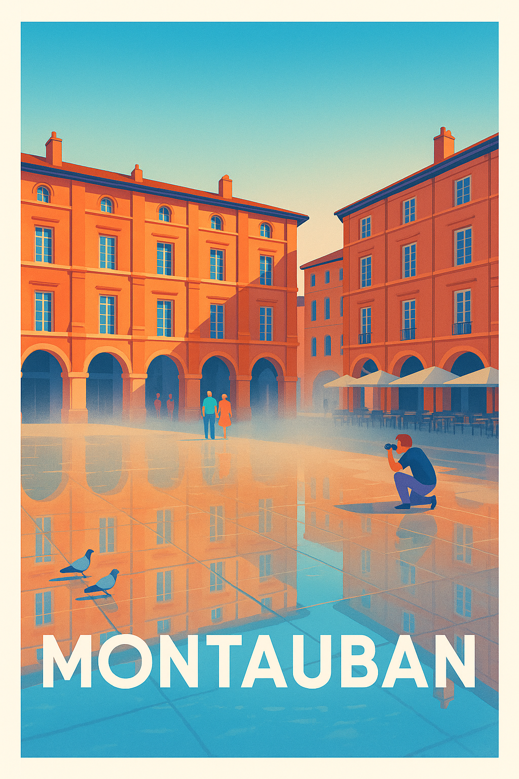 Affiche Montauban — Reflets et lumière dans la place d'eau · poster d'art de Montauban