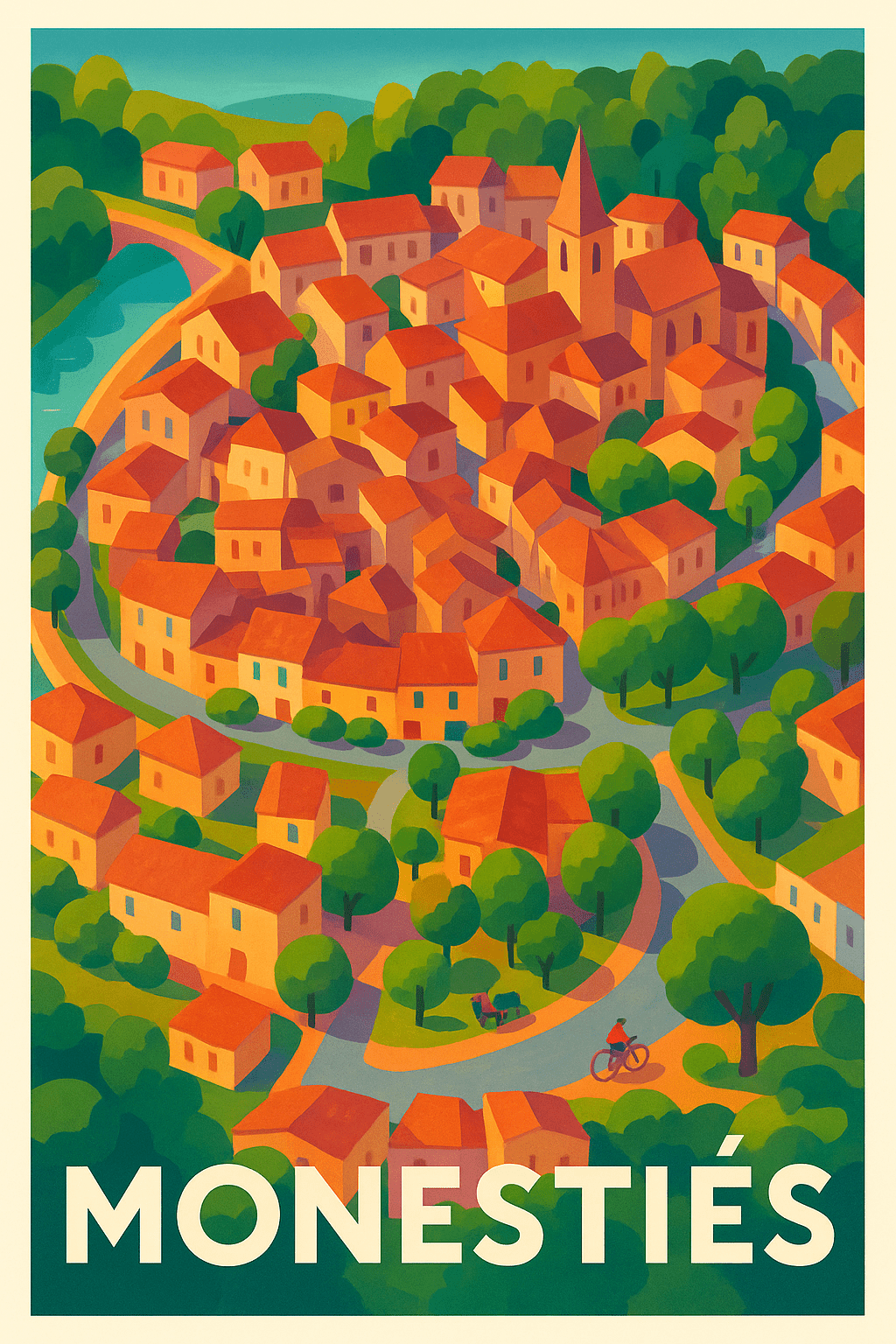 Tarn France Pas de Cadre / 20 × 30cm Affiche de Monestiés - Village pittoresque aux toits rouges