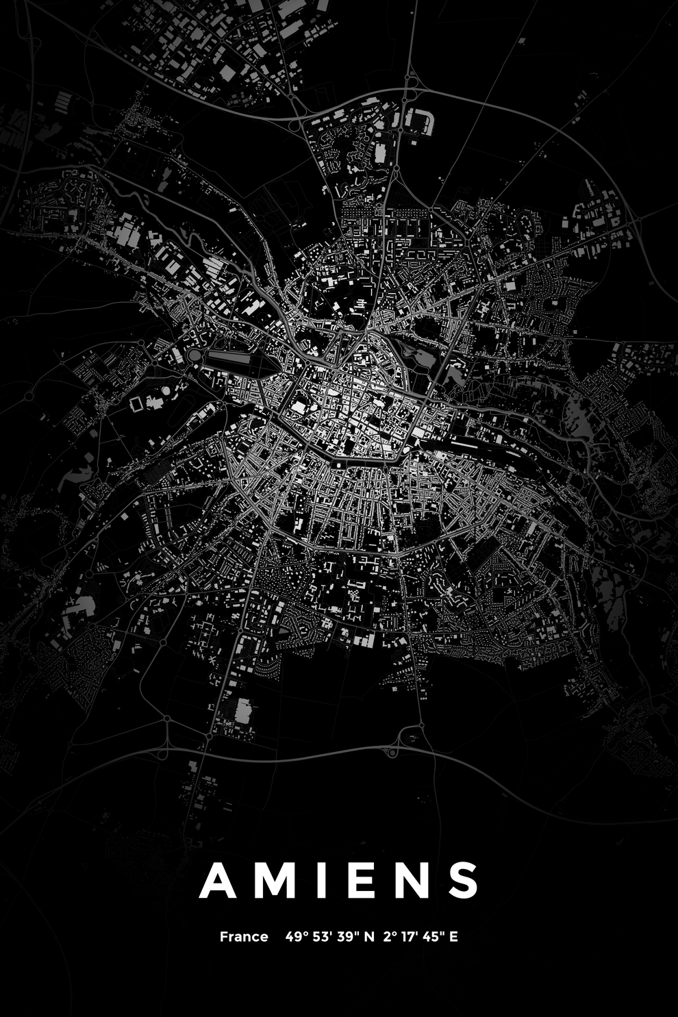 Carte d'Amiens nuit - Affiche personnalisée