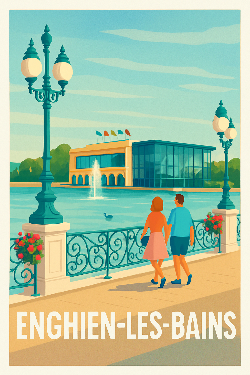 Affiche Enghien-les-Bains — Promenade romantique au bord du lac · poster d'art de Enghien-les-Bains