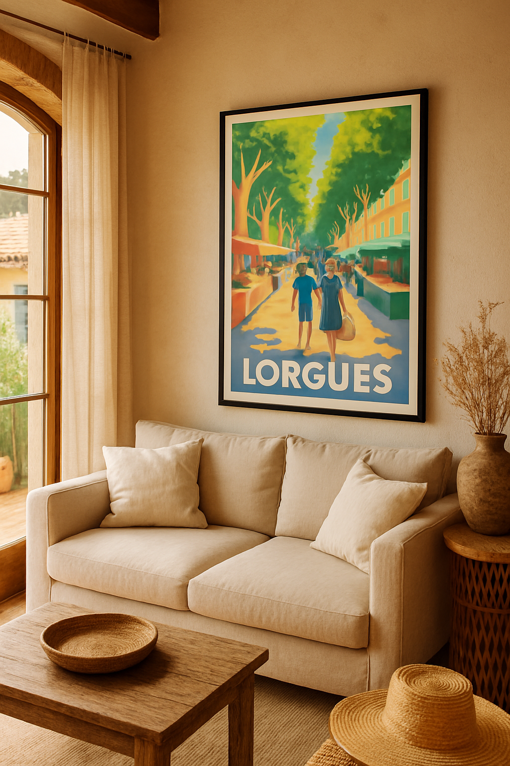 Affiche Lorgues — Promenade ensoleillée au marché provençal · poster d'art de Lorgues