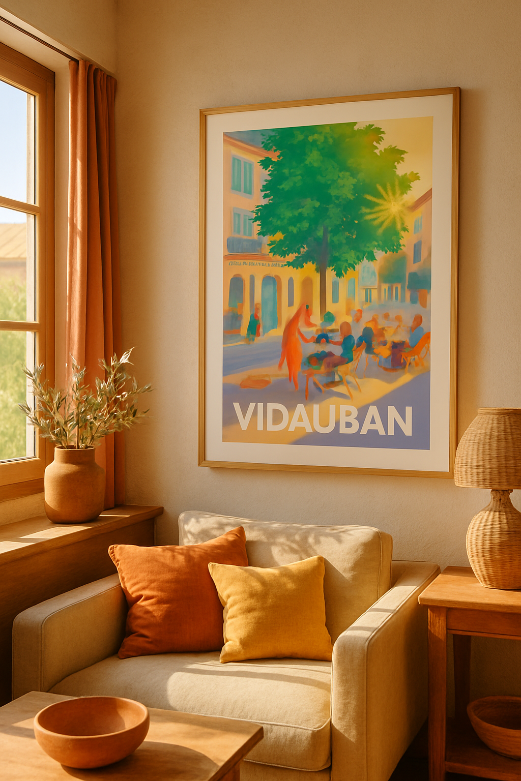 Affiche Vidauban — Ambiance ensoleillée au café du village · poster d'art de Vidauban