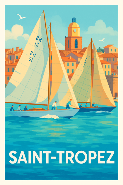 Affiche Saint-Tropez — Regates ensoleillées sur la Méditerranée · poster d'art de Saint-Tropez