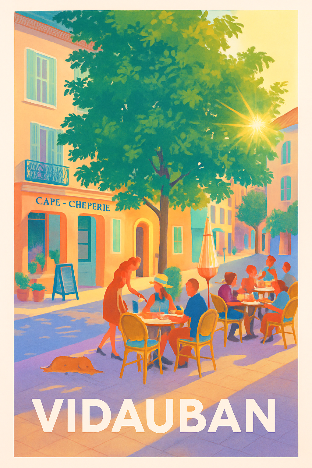 Var France Pas de Cadre / 20 × 30cm Affiche de Vidauban - Ambiance ensoleillée au café du village
