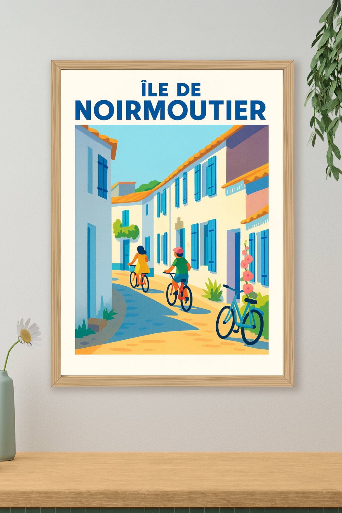 Affiche de Île de Noirmoutier - Évasion à vélo entre façades blanches et volets bleus