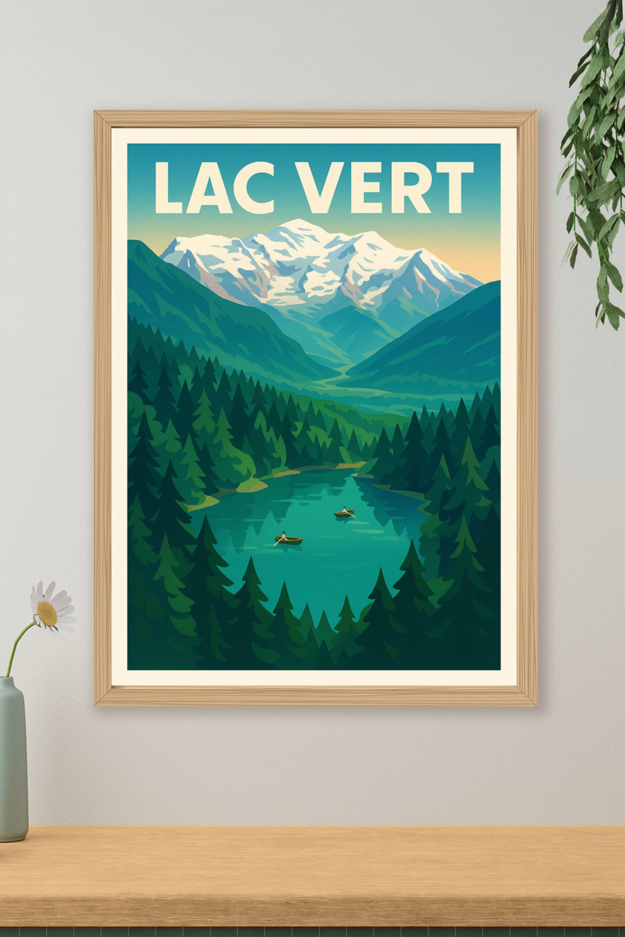 Affiche de Lac Vert - Une évasion alpine entre sommets enneigés et eaux cristallines
