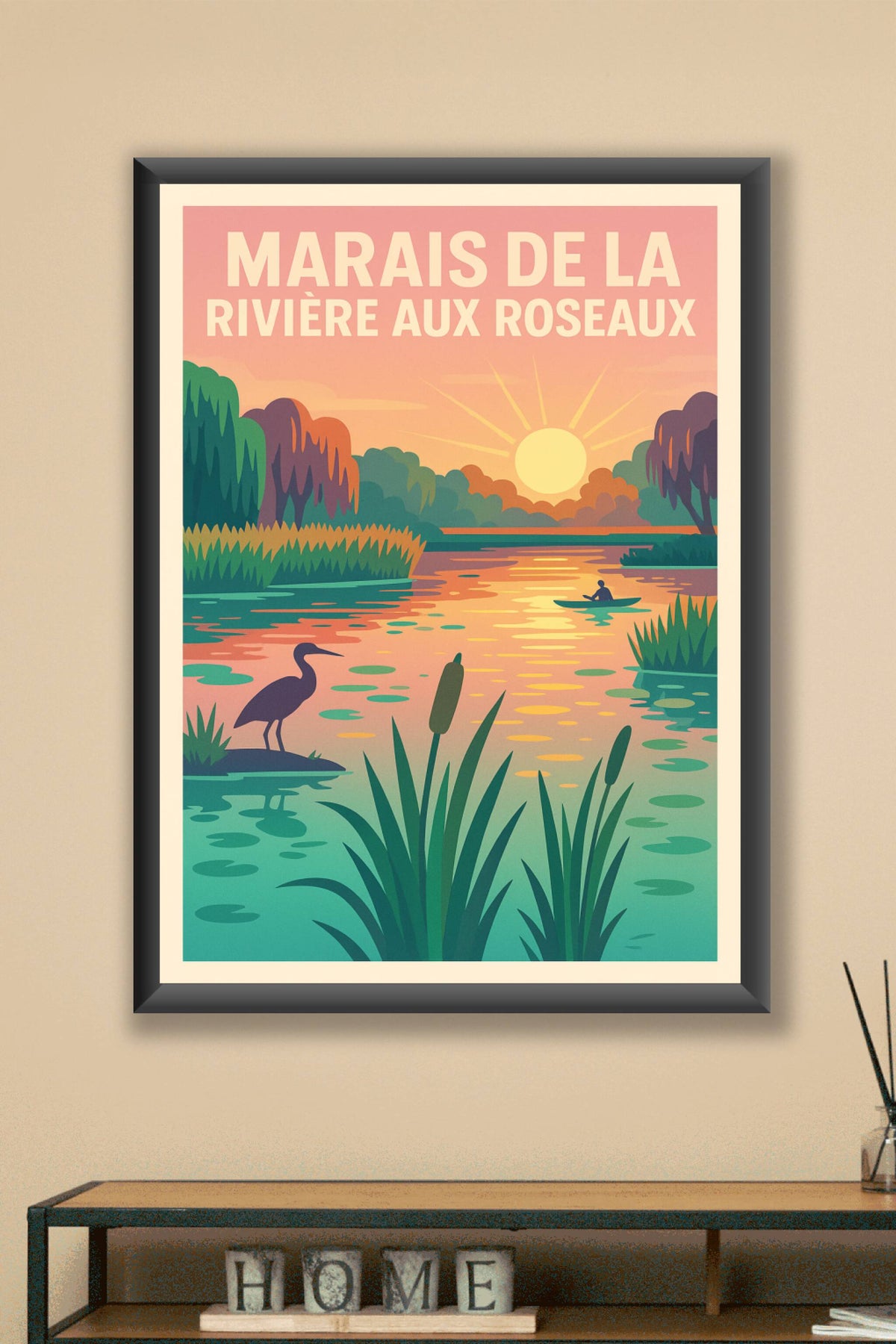 Affiche de Marais de la Rivière aux Roseaux - Évasion sauvage au coucher du soleil
