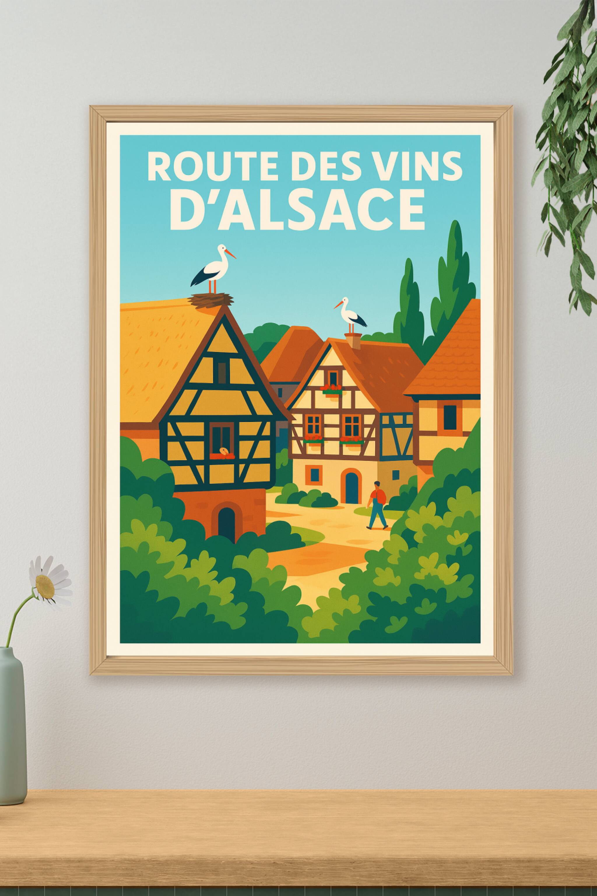 Affiche de Route des Vins d'Alsace - Charme authentique et cigognes