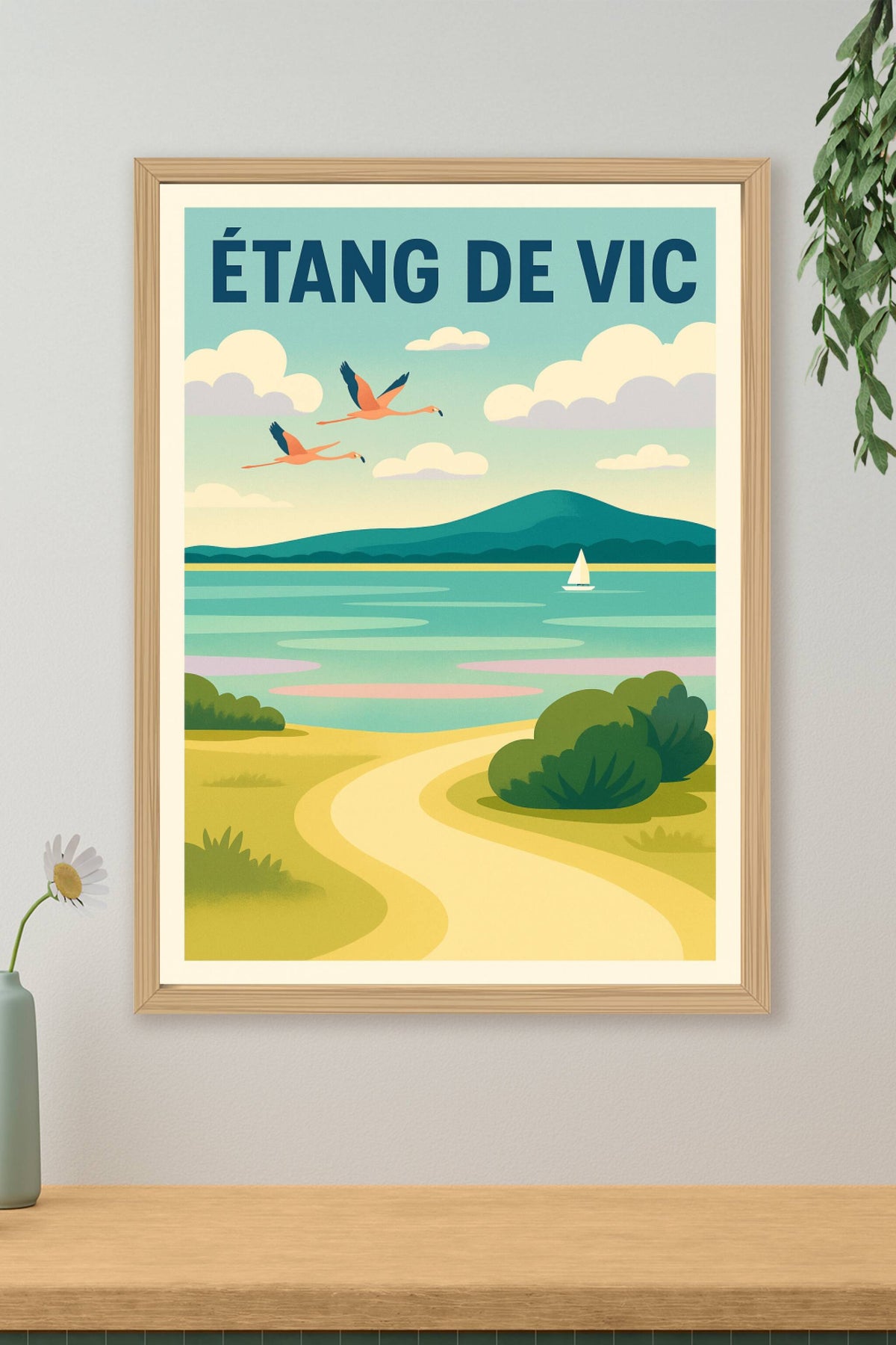 Affiche Étang de Vic, flamants roses et voilier