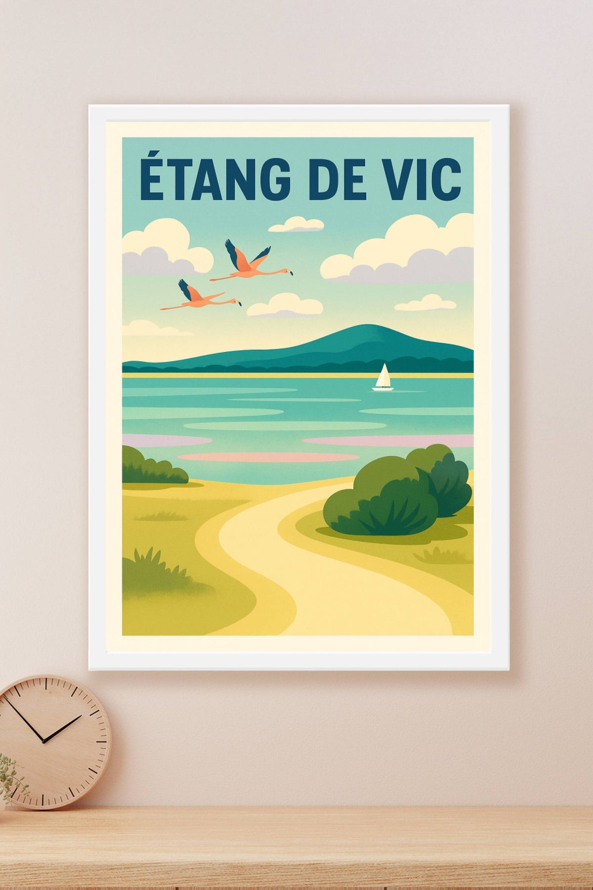 Affiche Étang de Vic, flamants roses et voilier