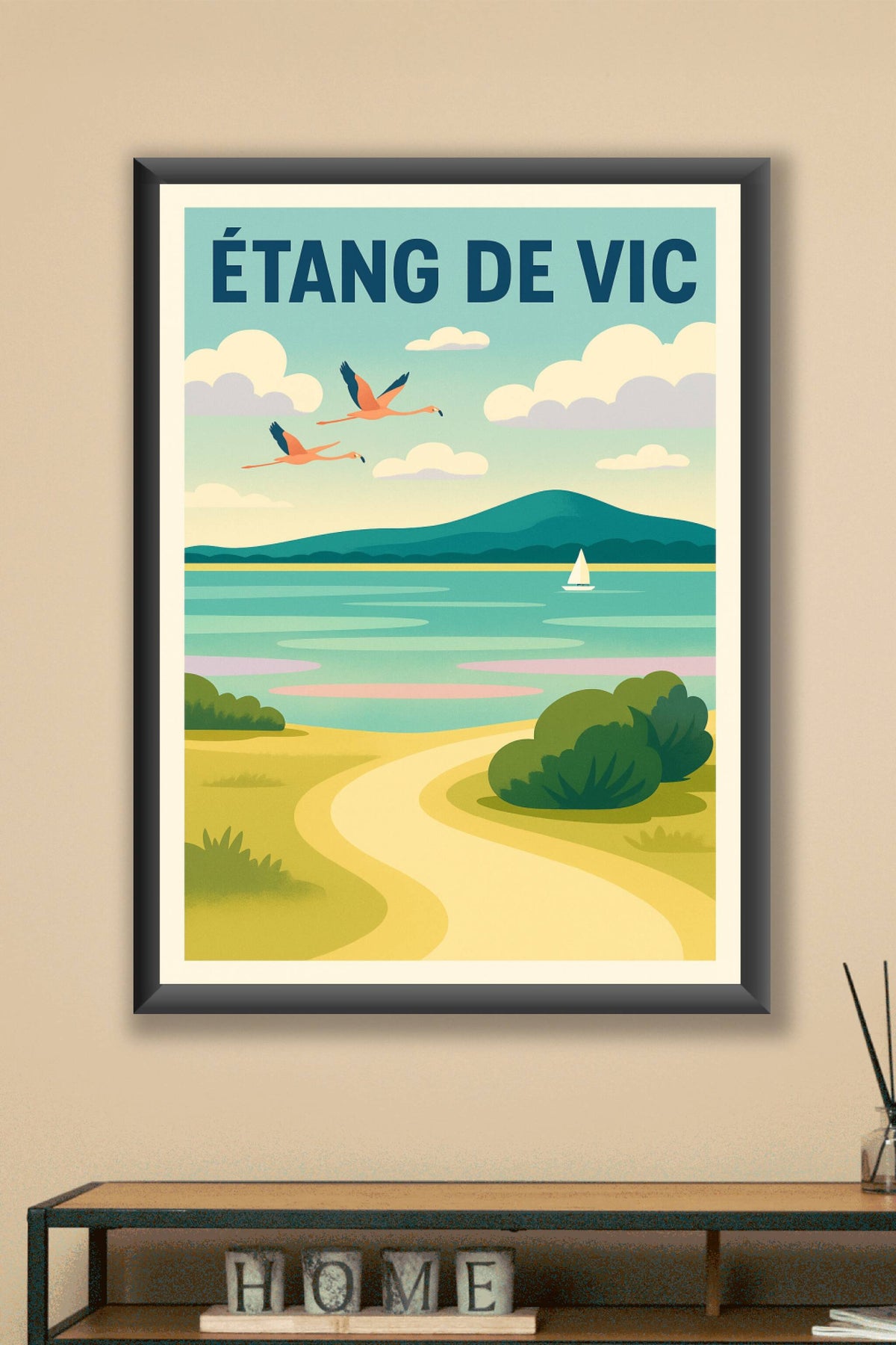 Affiche Étang de Vic, flamants roses et voilier