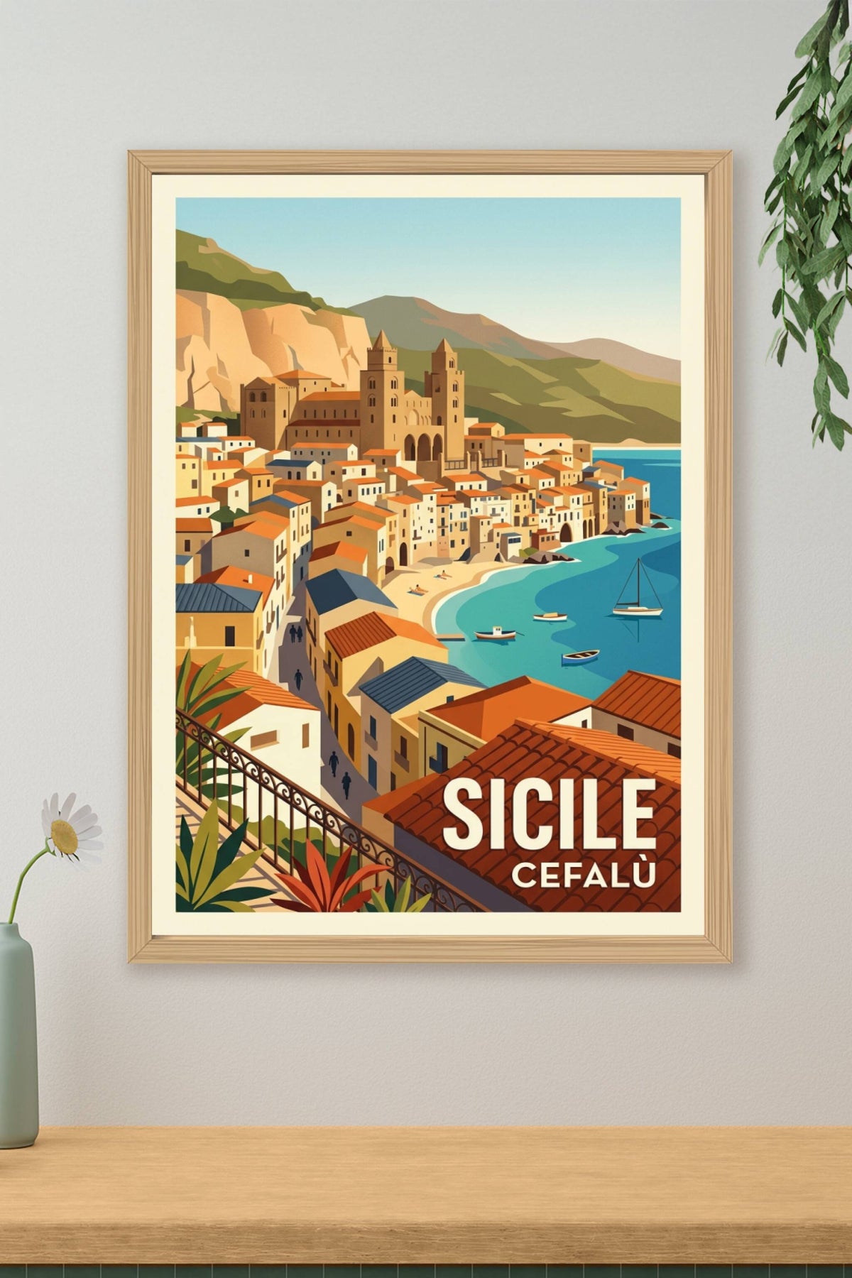 Affiche de Cefalù Sicile, poster ville côtière