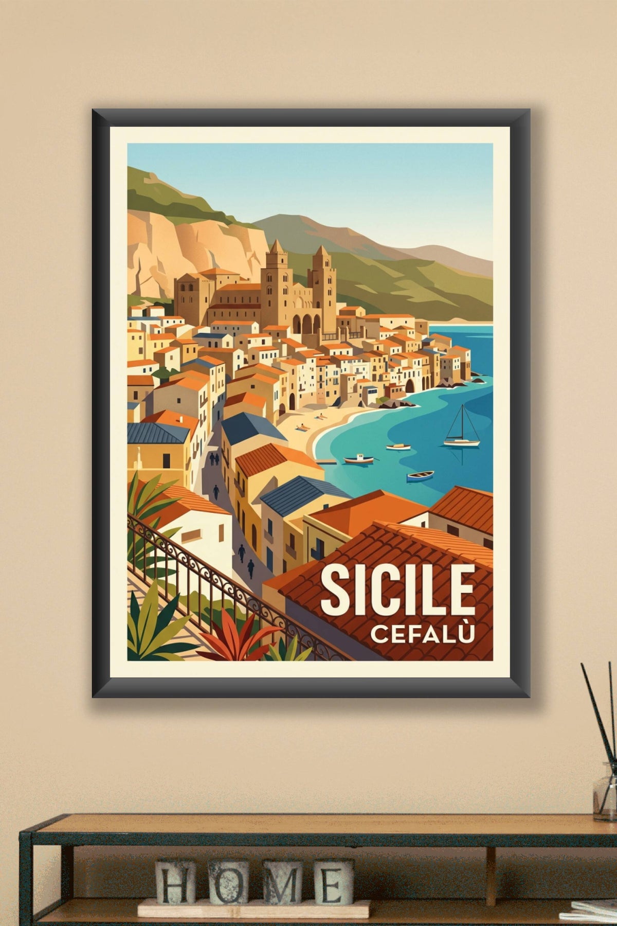 Affiche de Cefalù Sicile, poster ville côtière