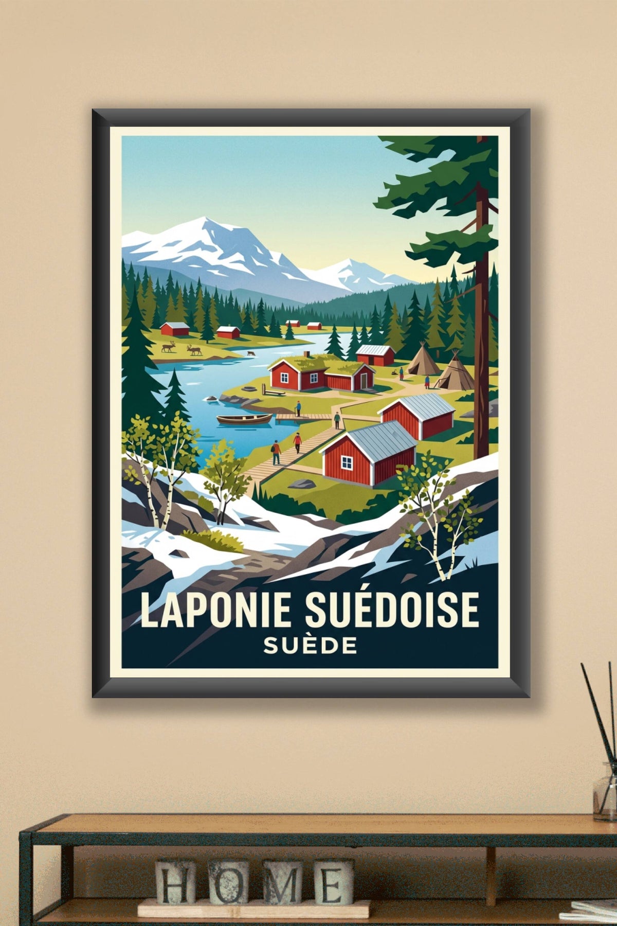 Affiche de Laponie suédoise, poster village de neige