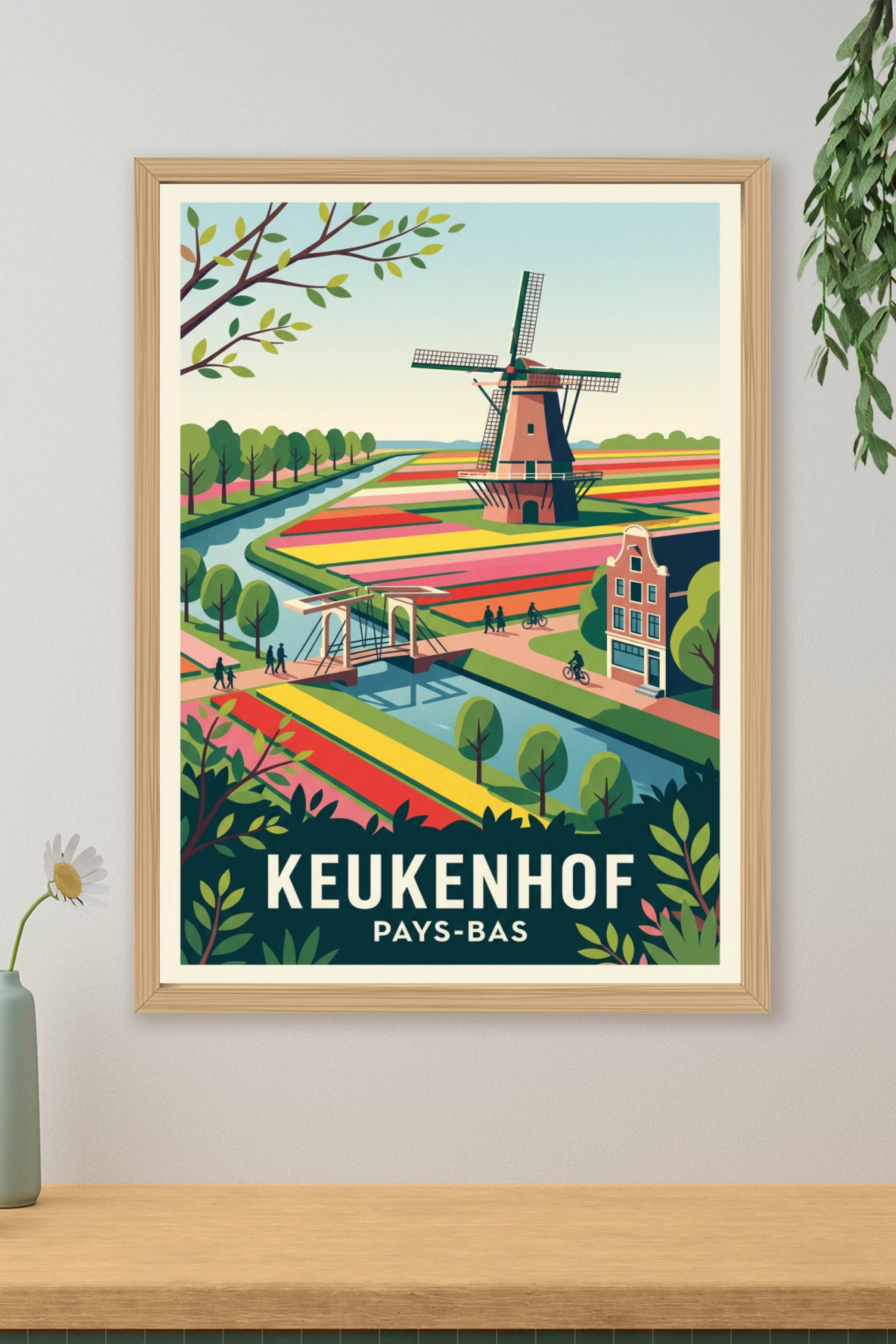 Affiche Keukenhof, moulin et champs de tulipes | Afich