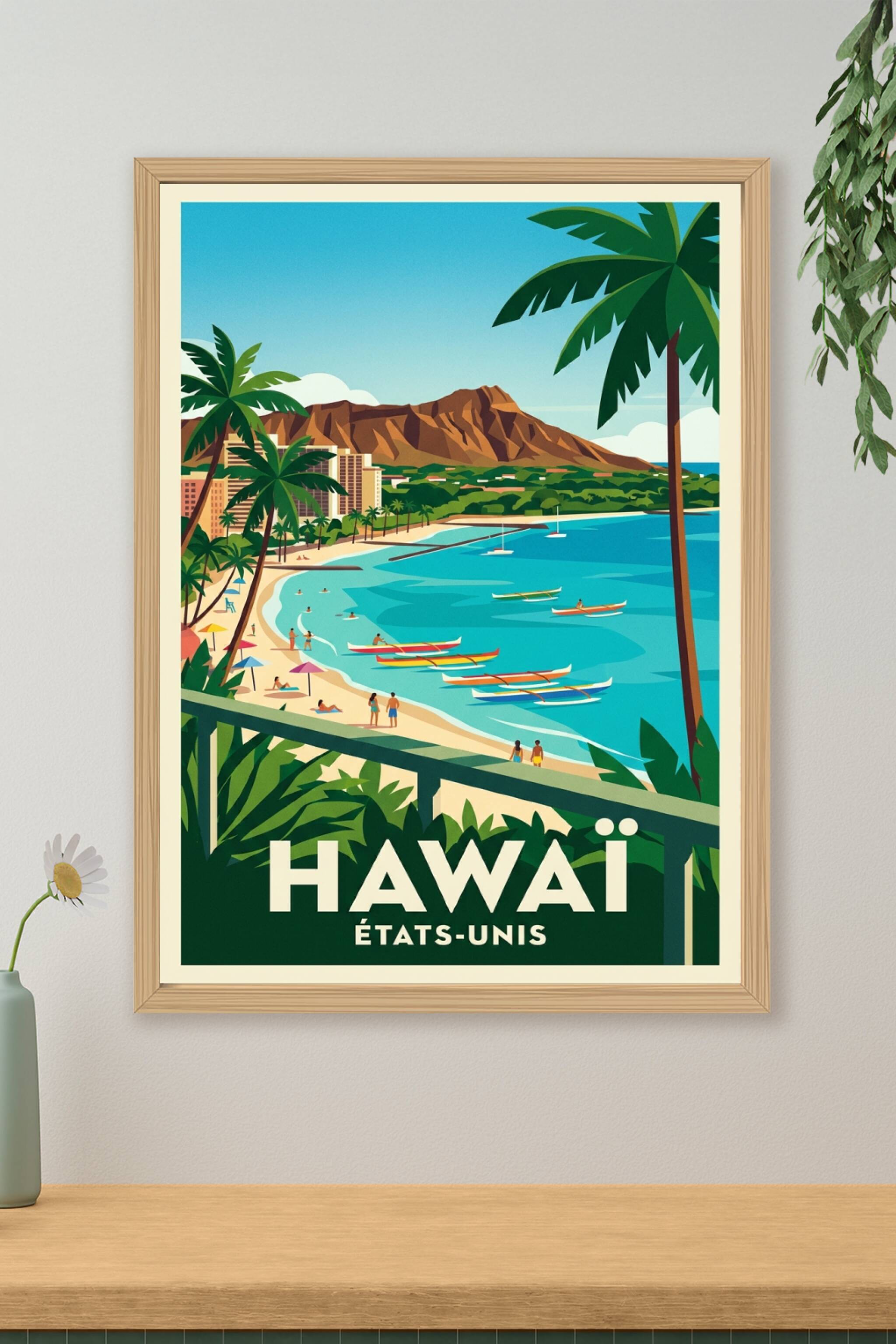 Affiche d'Hawaï, Waikiki Beach et Diamond Head
