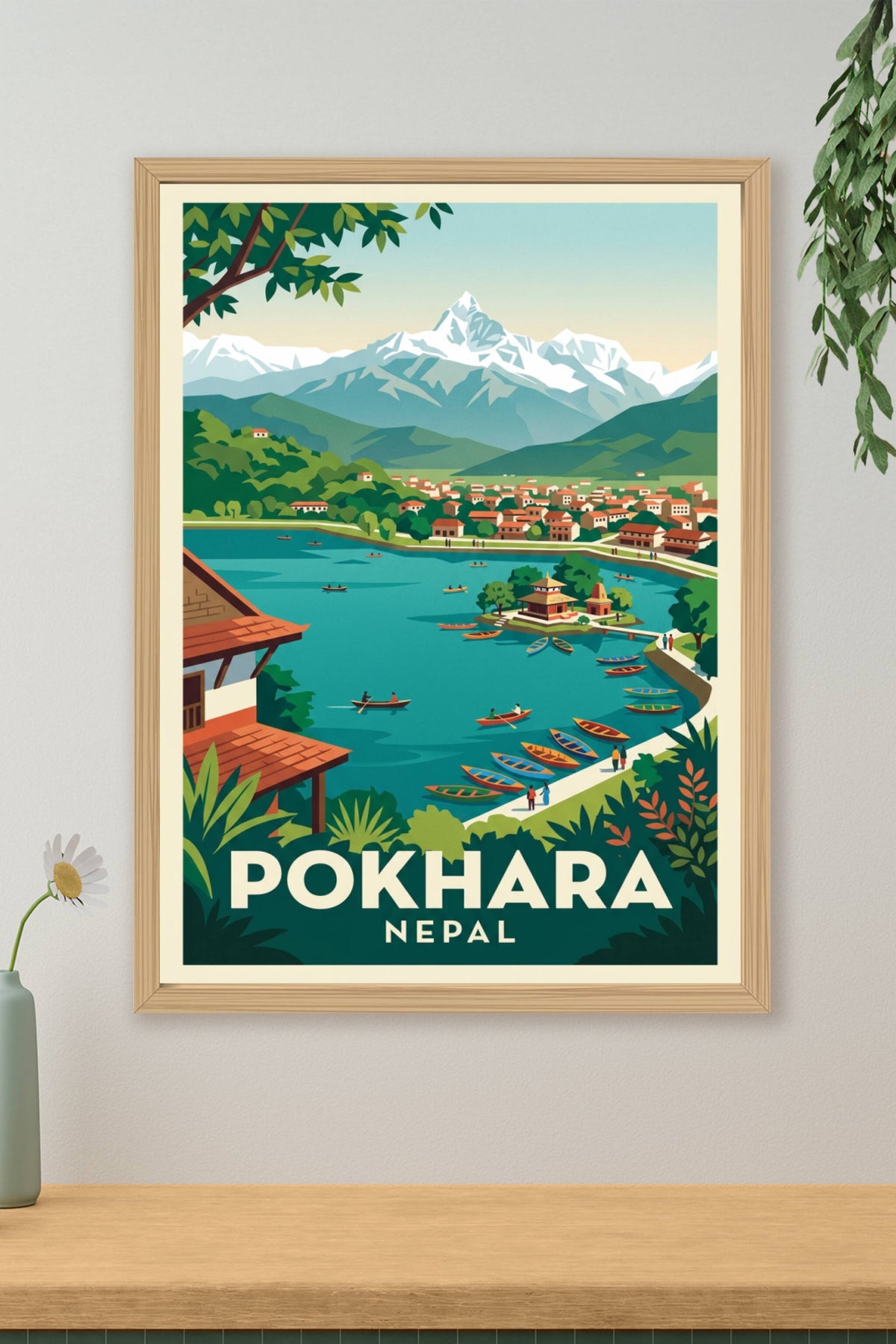 Poster de Pokhara, affiche lac et montagnes