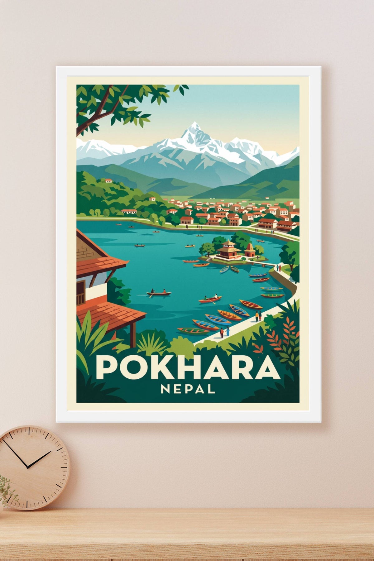 Poster de Pokhara, affiche lac et montagnes