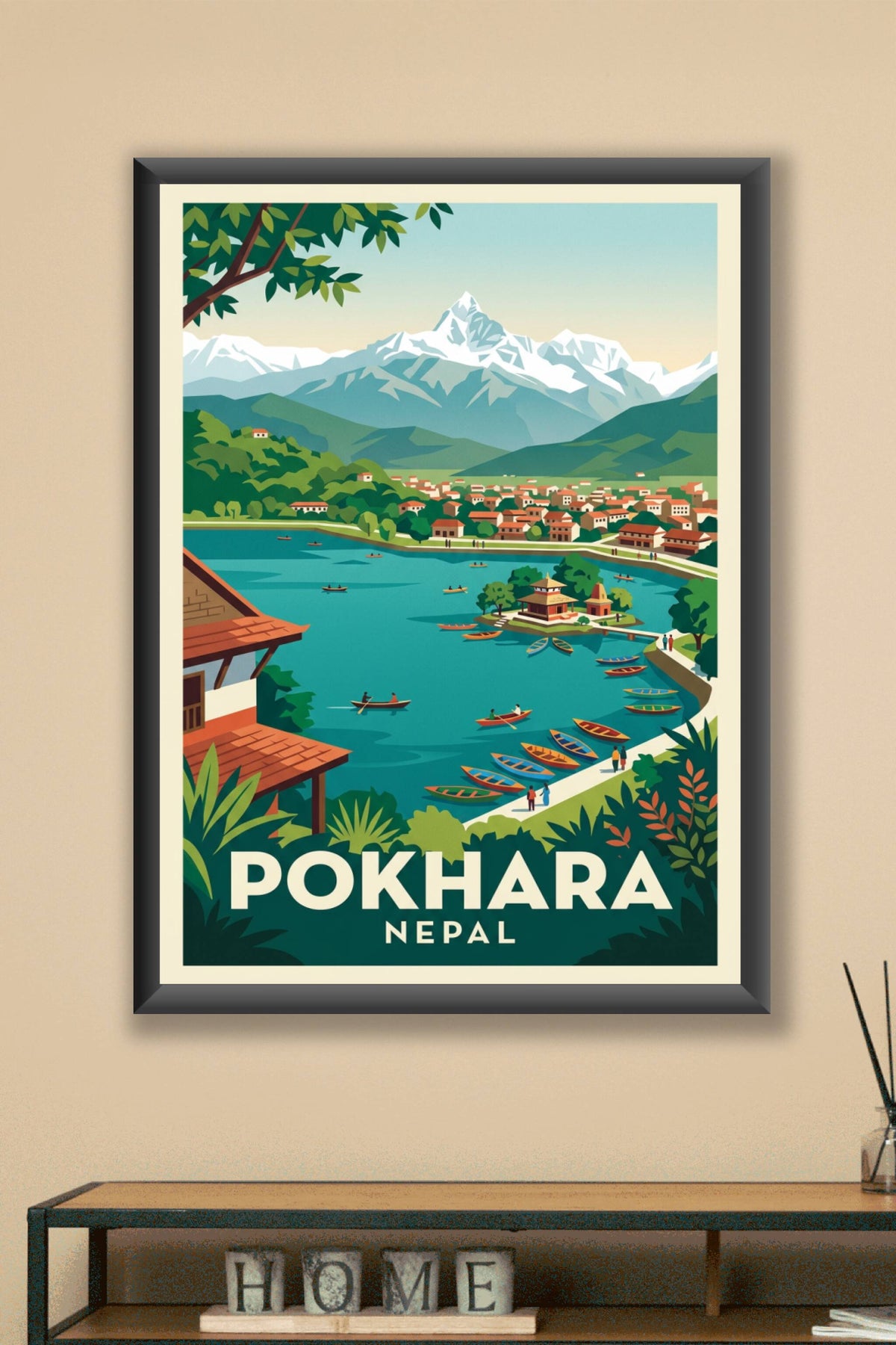 Poster de Pokhara, affiche lac et montagnes