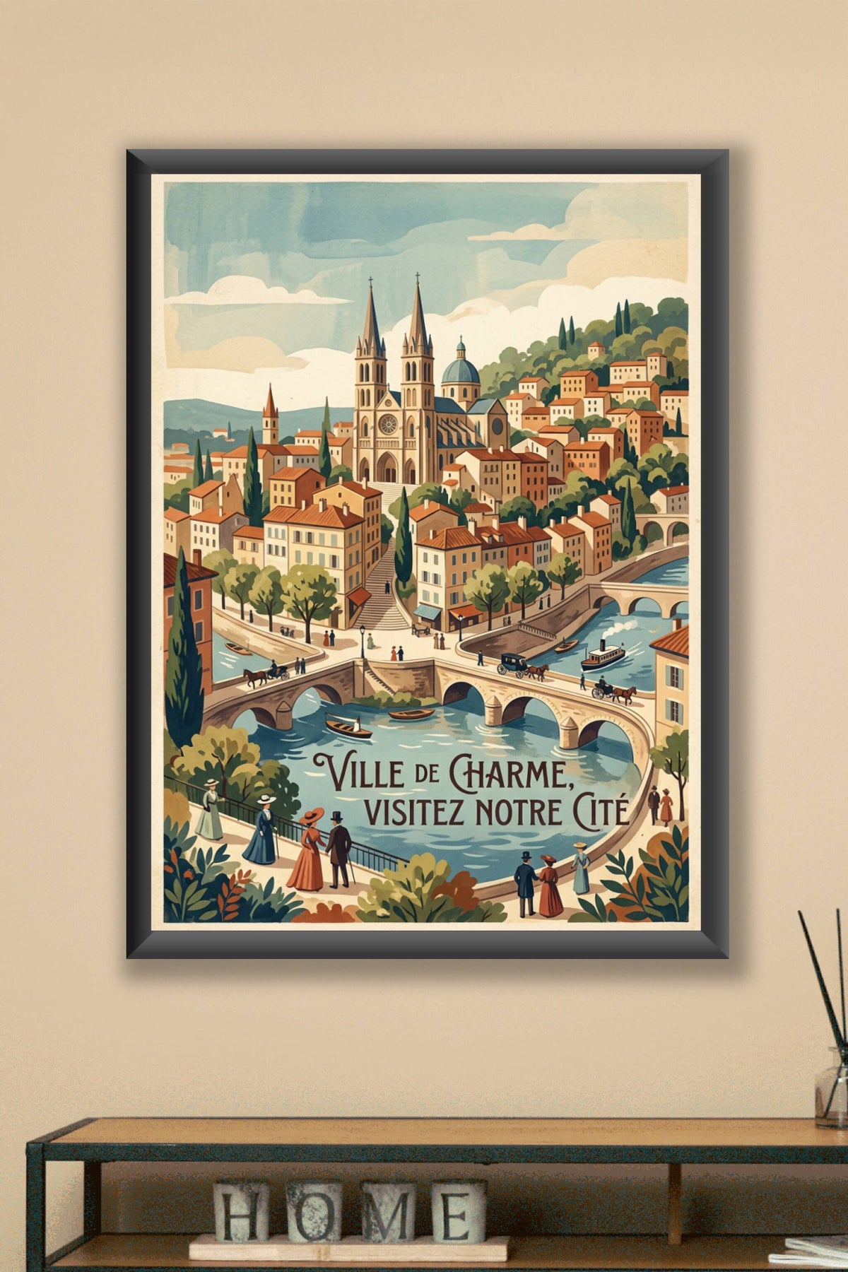 Affiche Ville de Charme, poster ponts et cathédrale