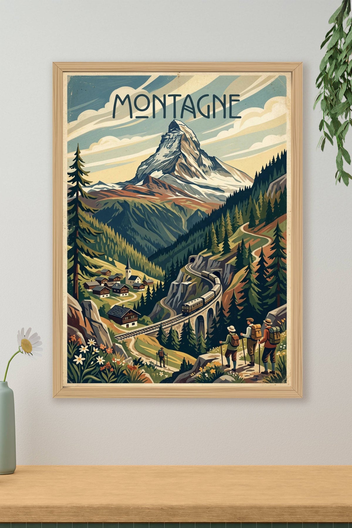 Affiche de montagne vintage, poster train alpin