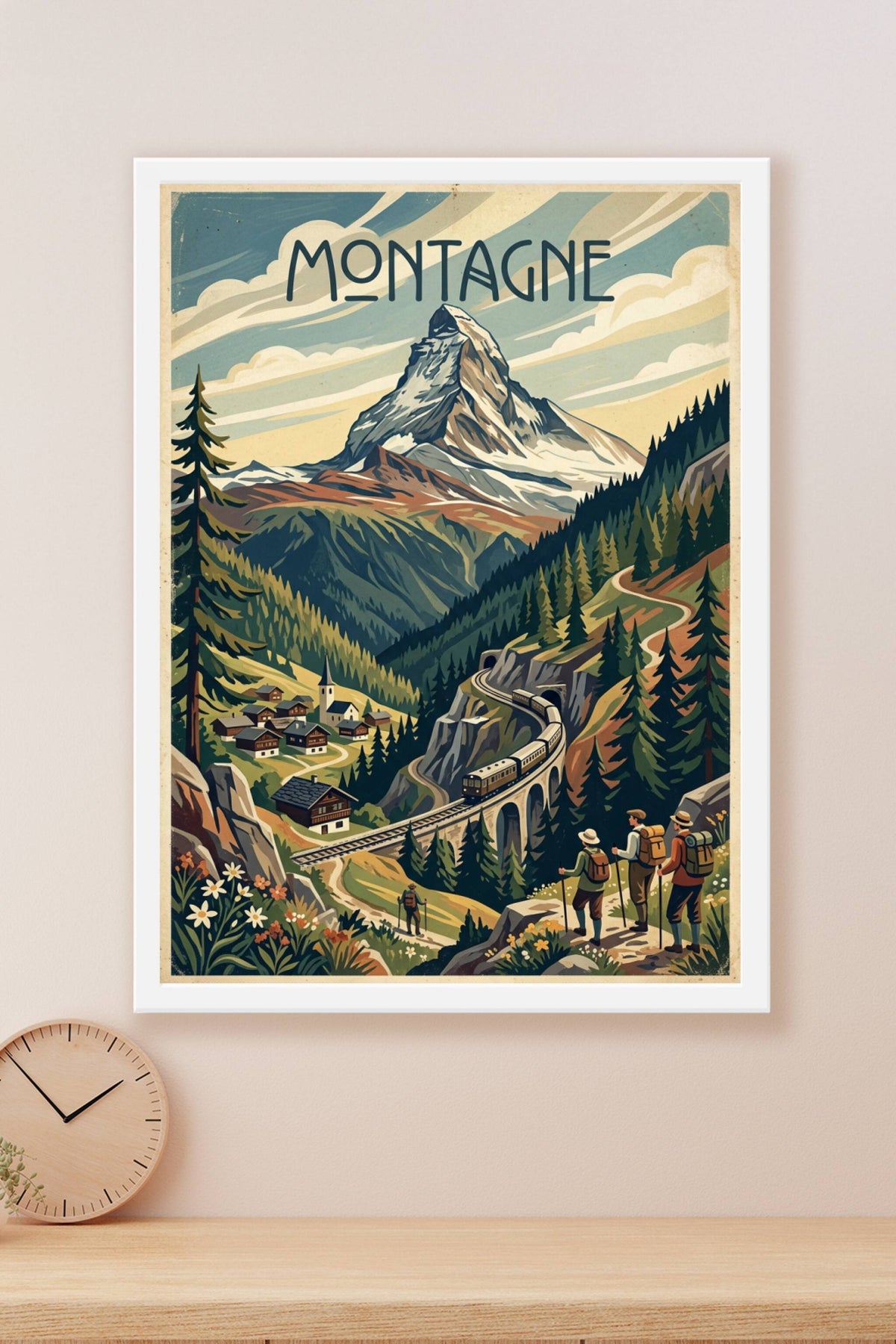 Affiche de montagne vintage, poster train alpin