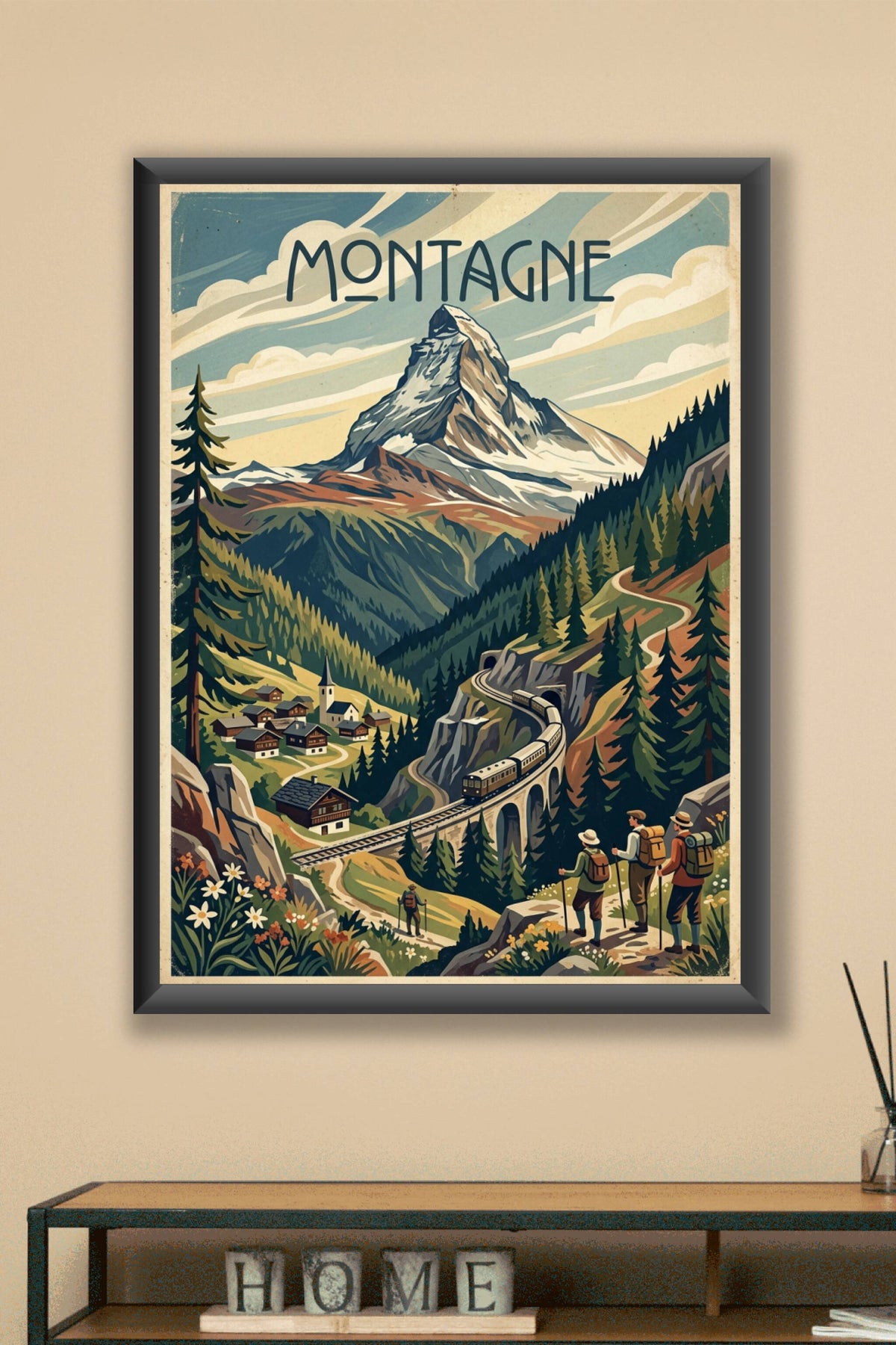Affiche de montagne vintage, poster train alpin