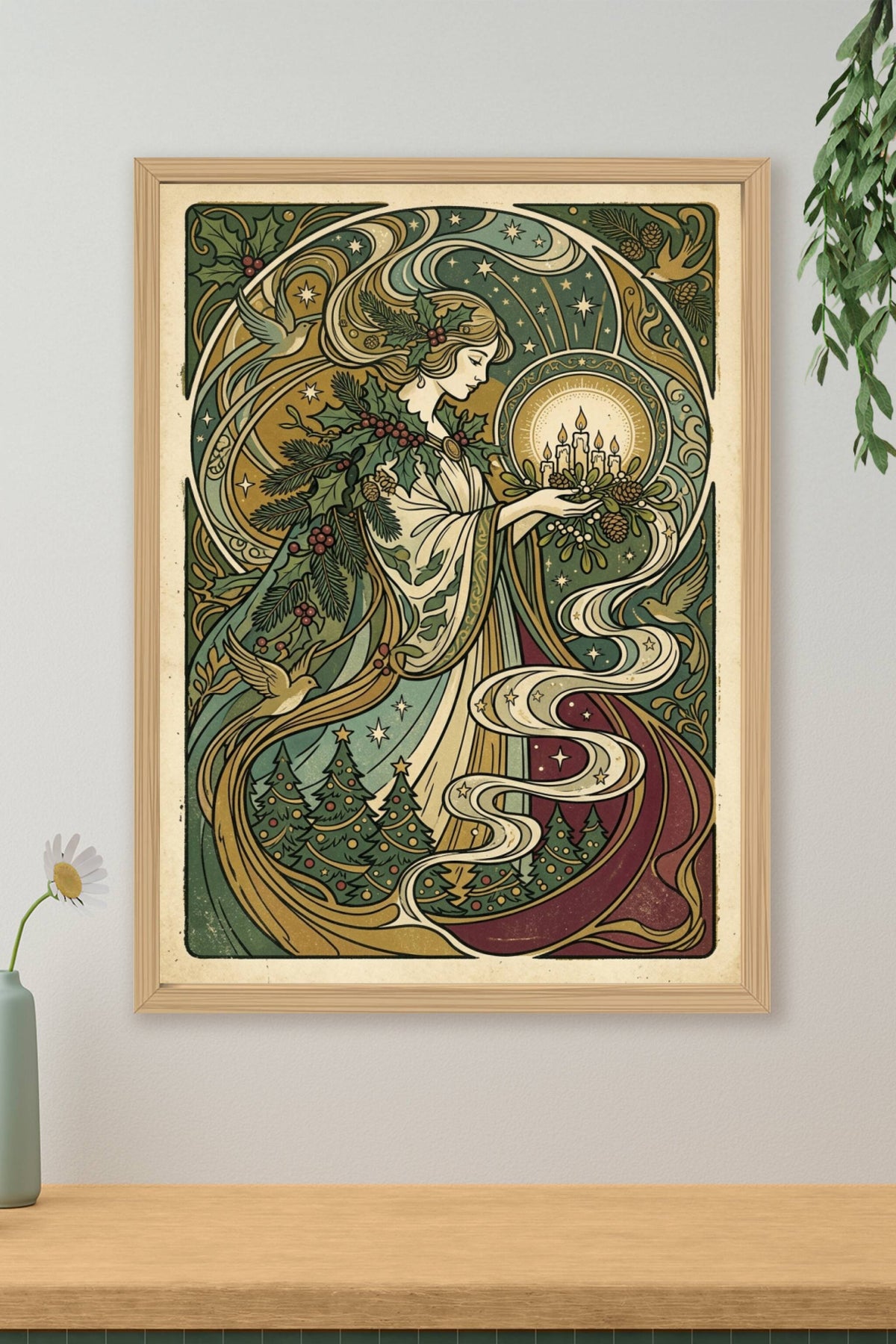 Affiche Noël vintage, poster style Mucha