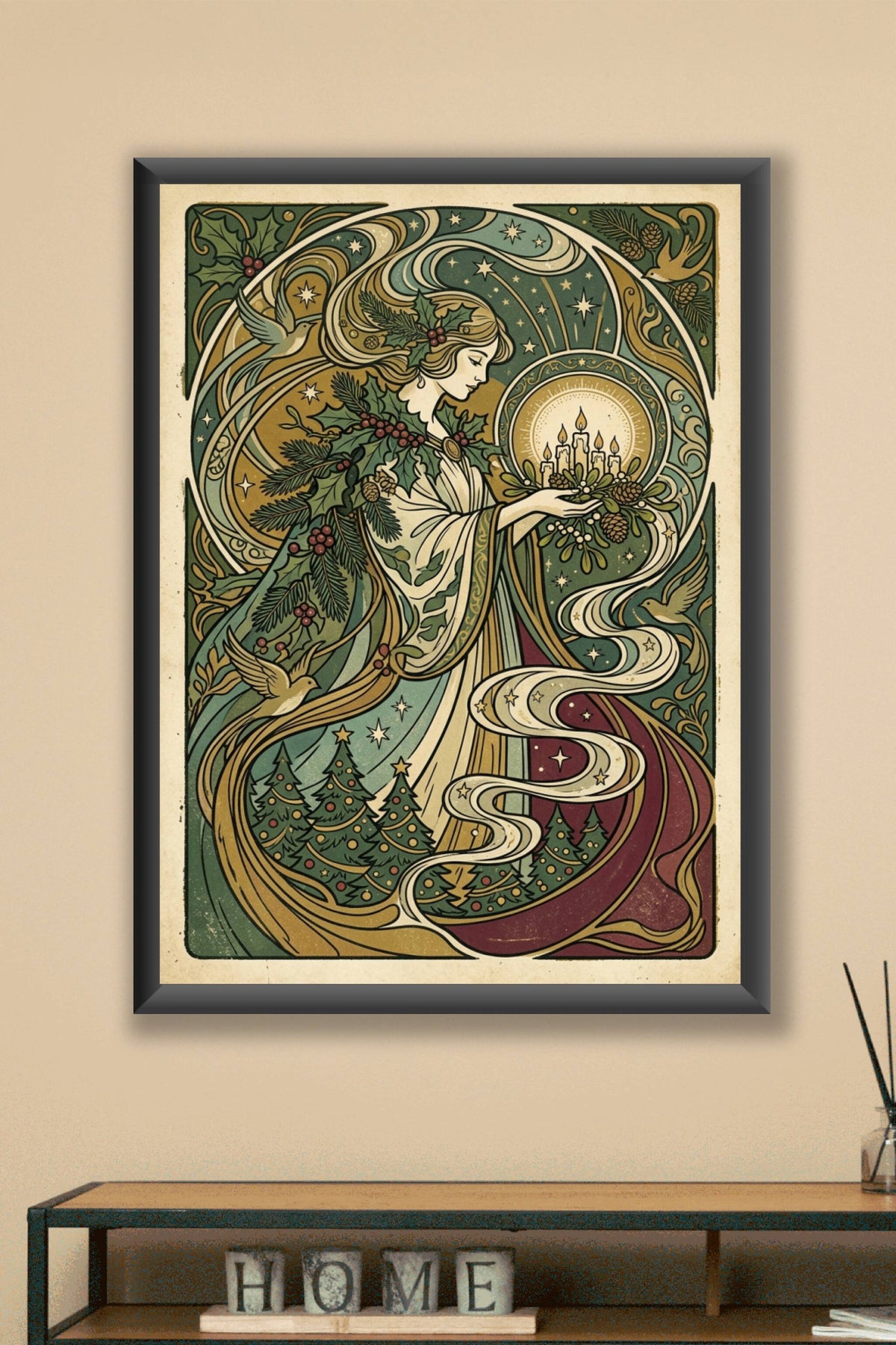 Affiche Noël vintage, poster style Mucha