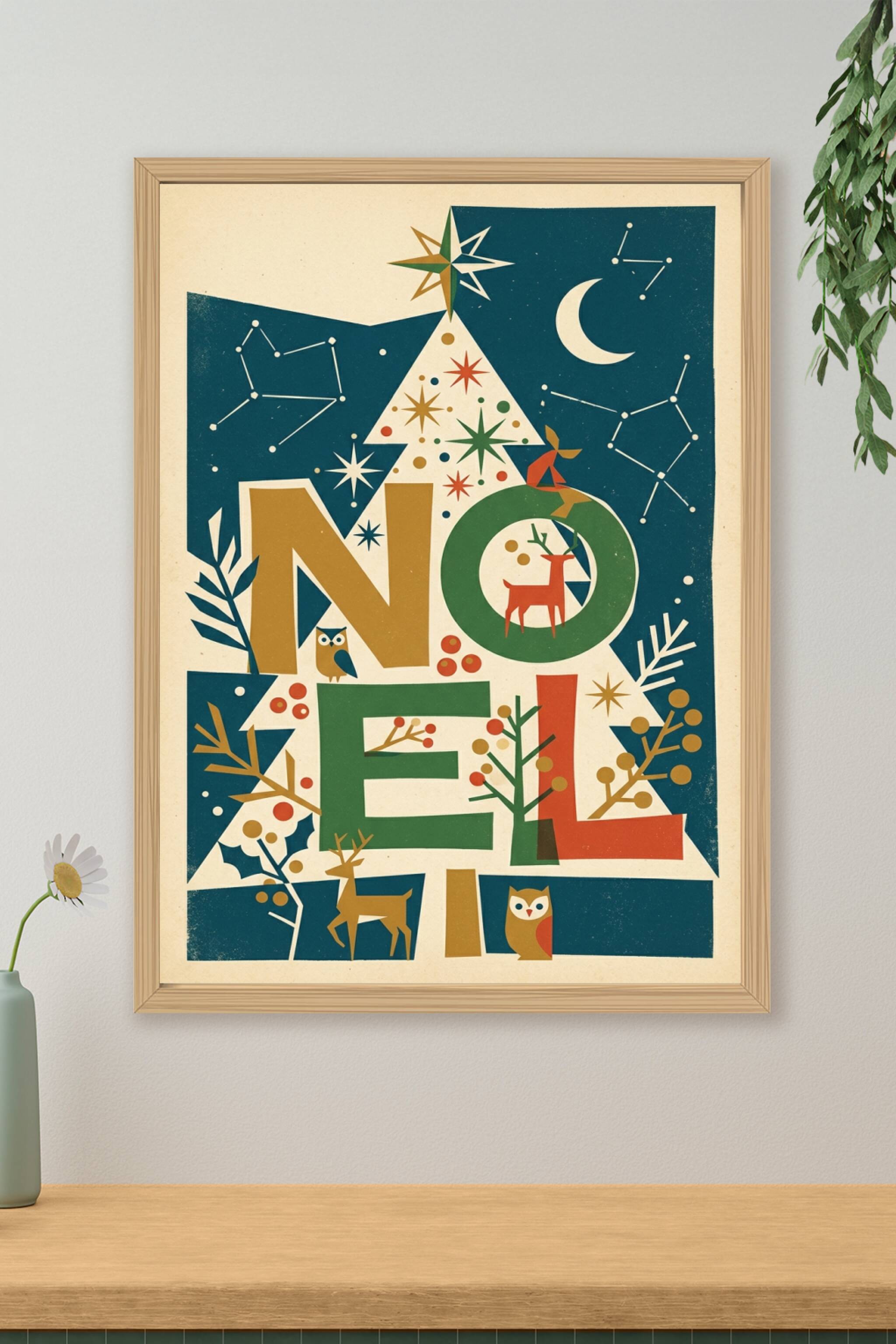 Affiche de Noël vintage, sapin et décor hivernal