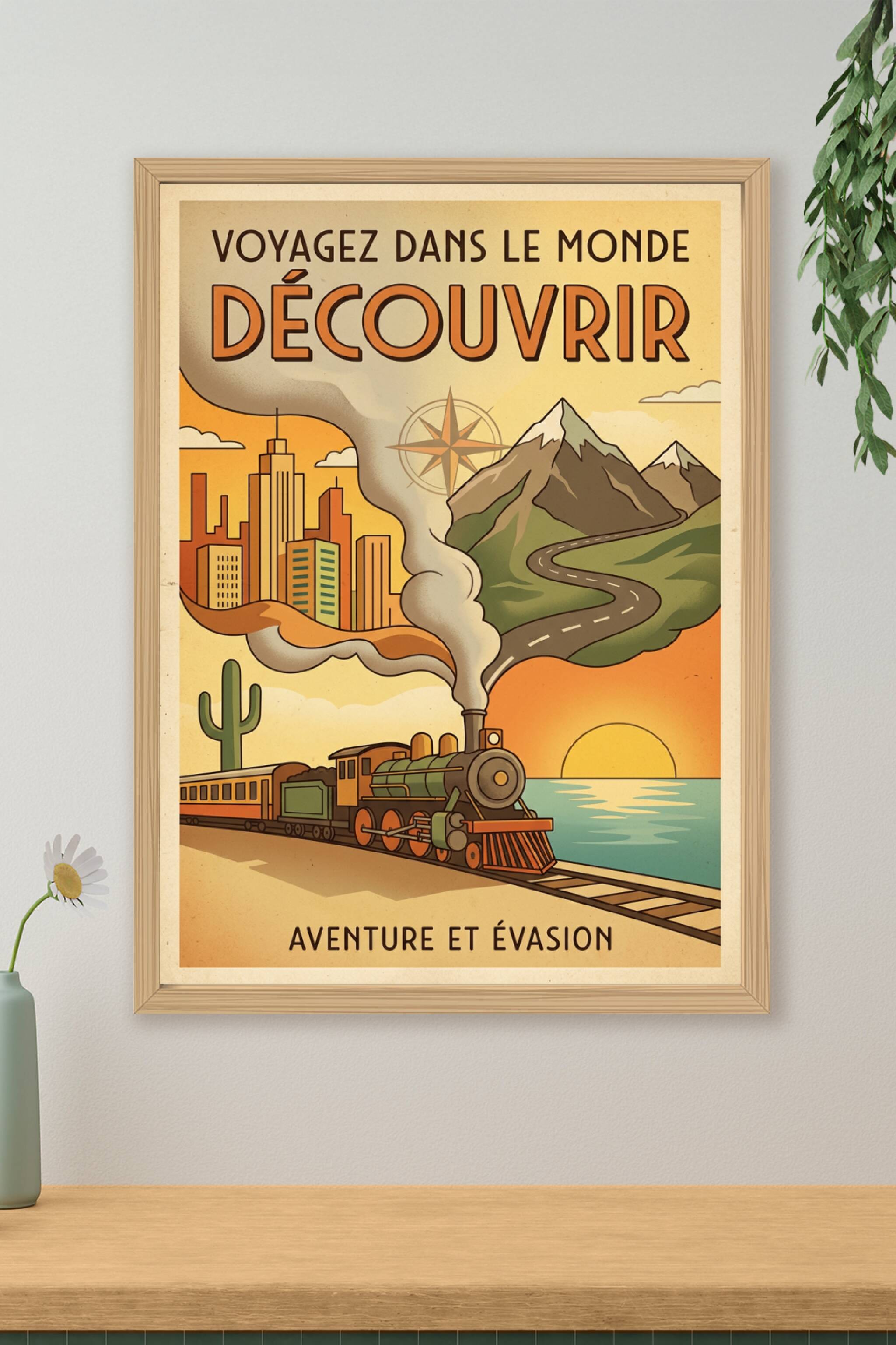 Affiche voyage vintage, décor train et montagne