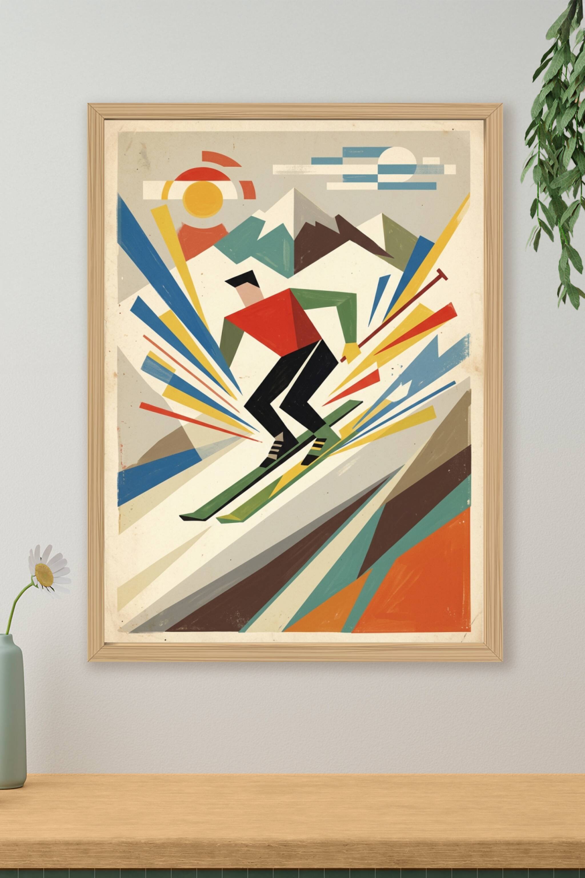 Affiche de skieur vintage, décor montagne