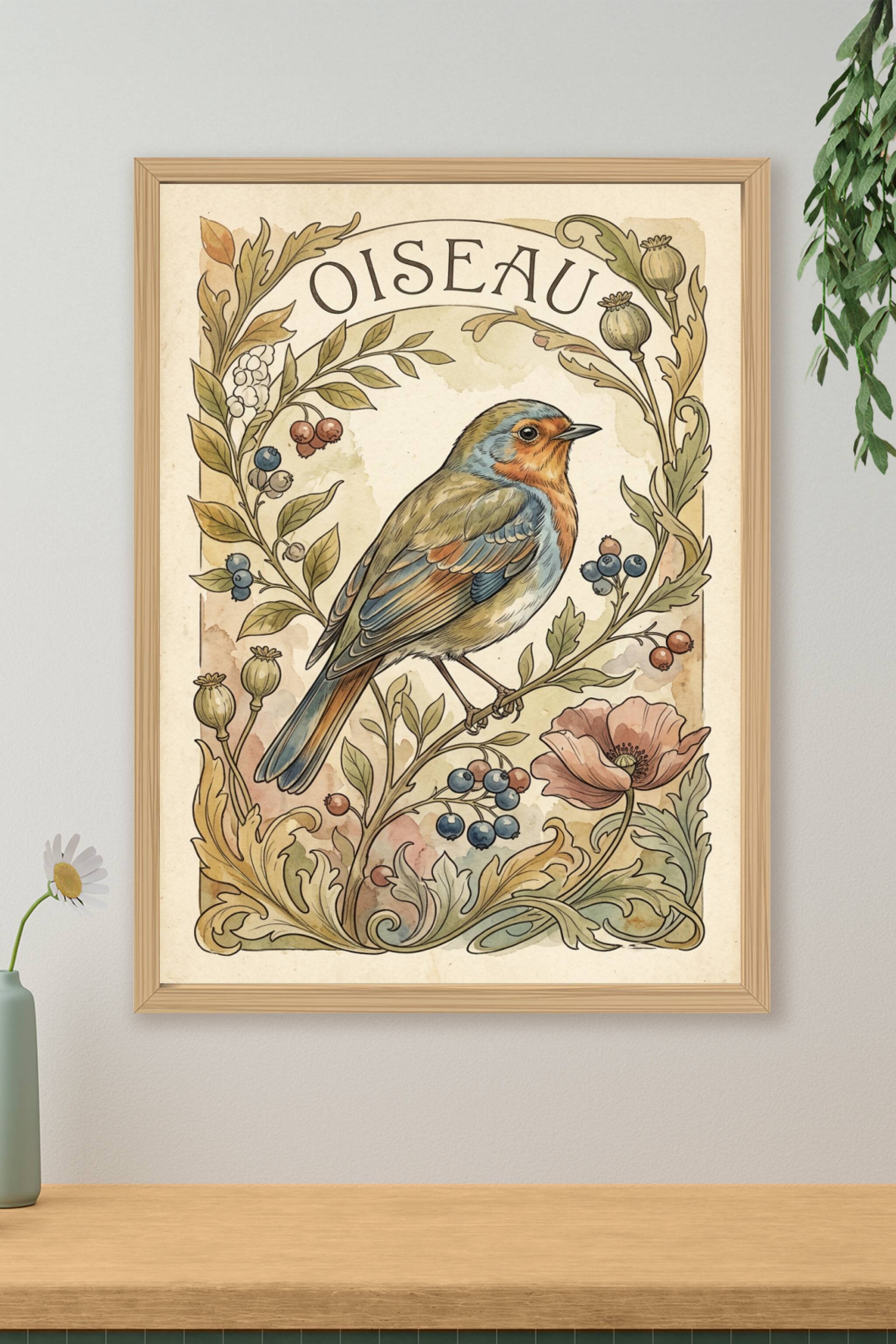 Affiche d'oiseau vintage, décor botanique