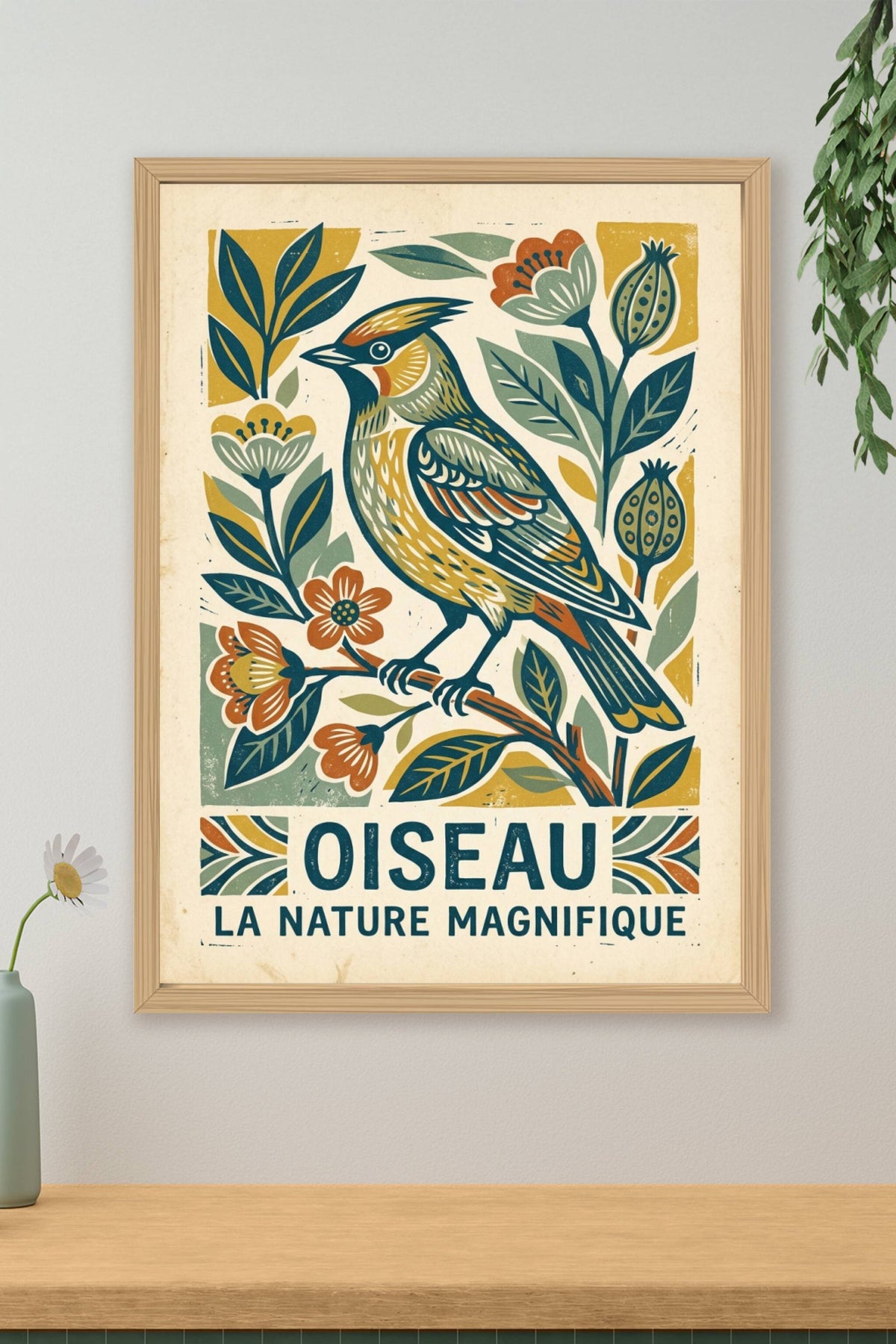 Affiche d'oiseau vintage, style linogravure