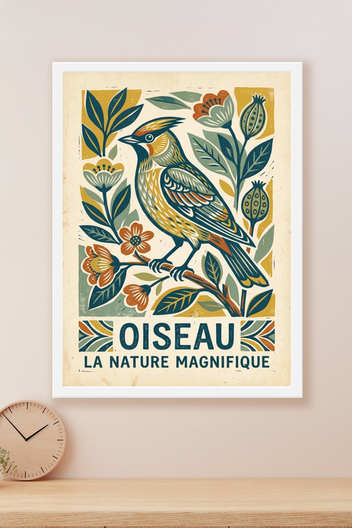 Affiche d'oiseau vintage, style linogravure