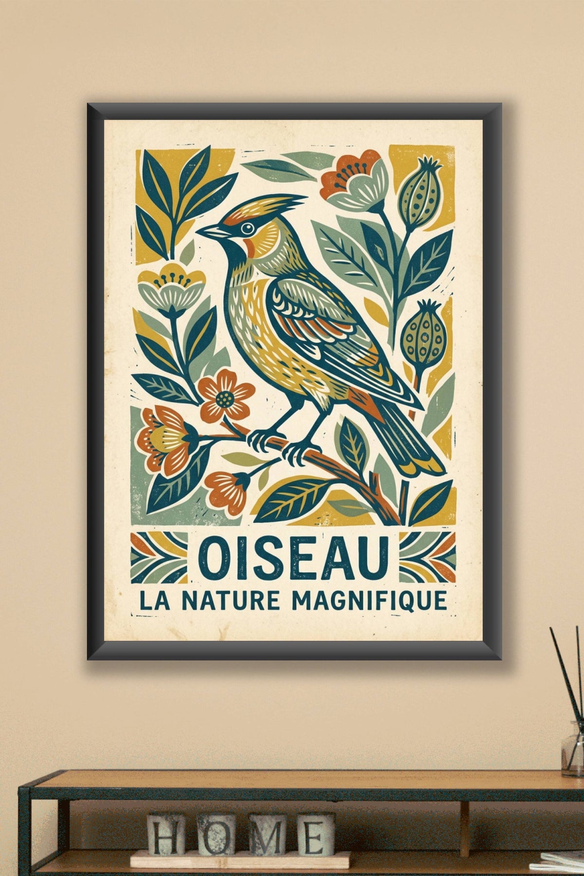 Affiche d'oiseau vintage, style linogravure