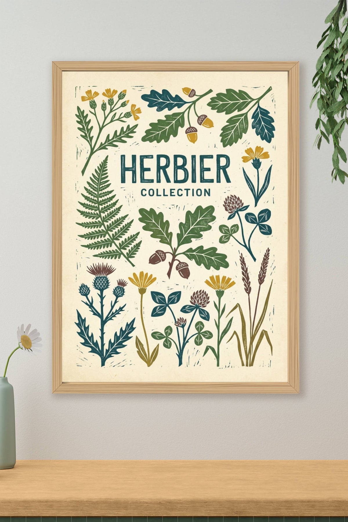 Affiche d'herbier vintage, feuilles de chêne