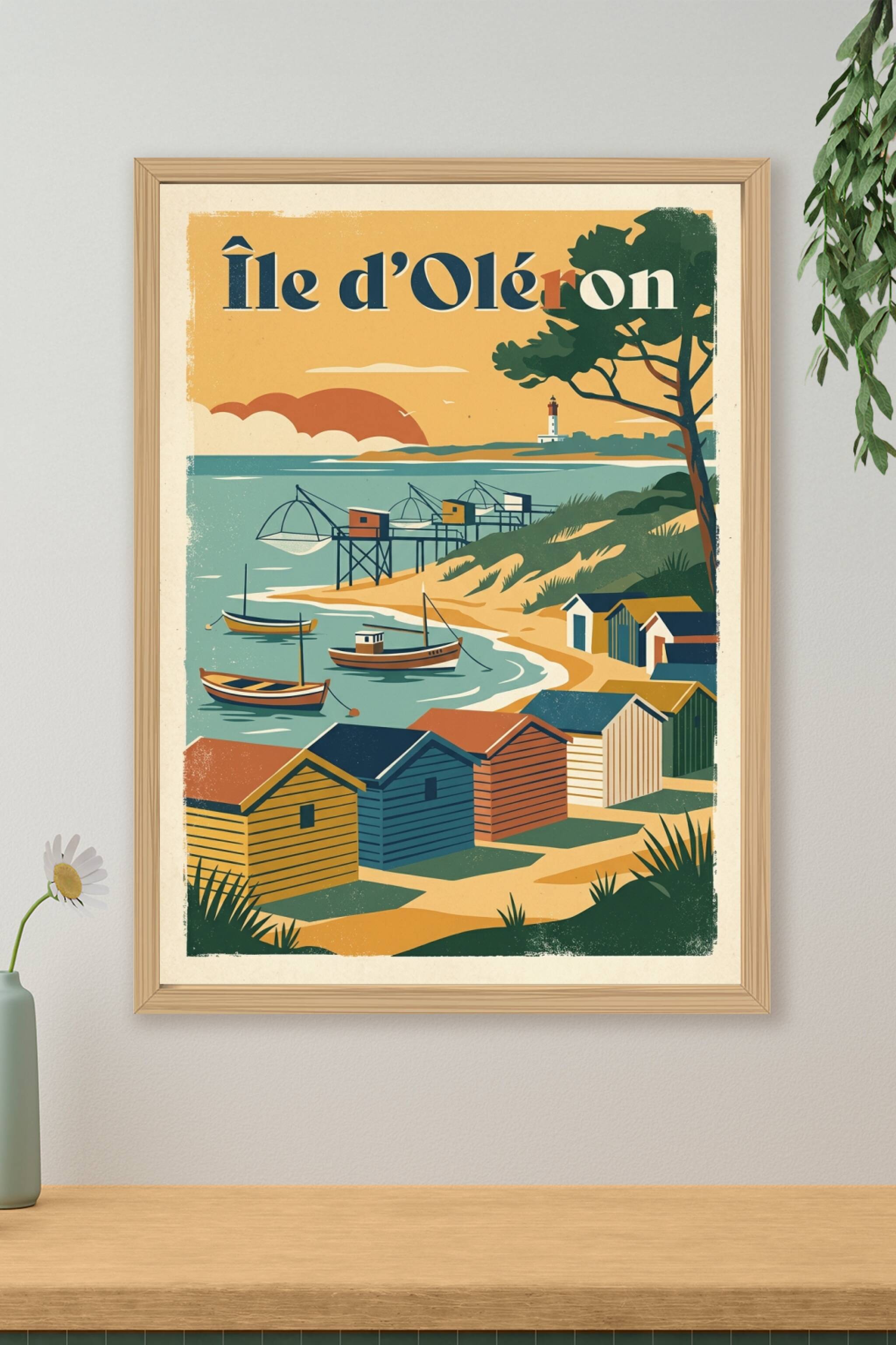 Affiche d'Oléron, cabanes colorées vintage