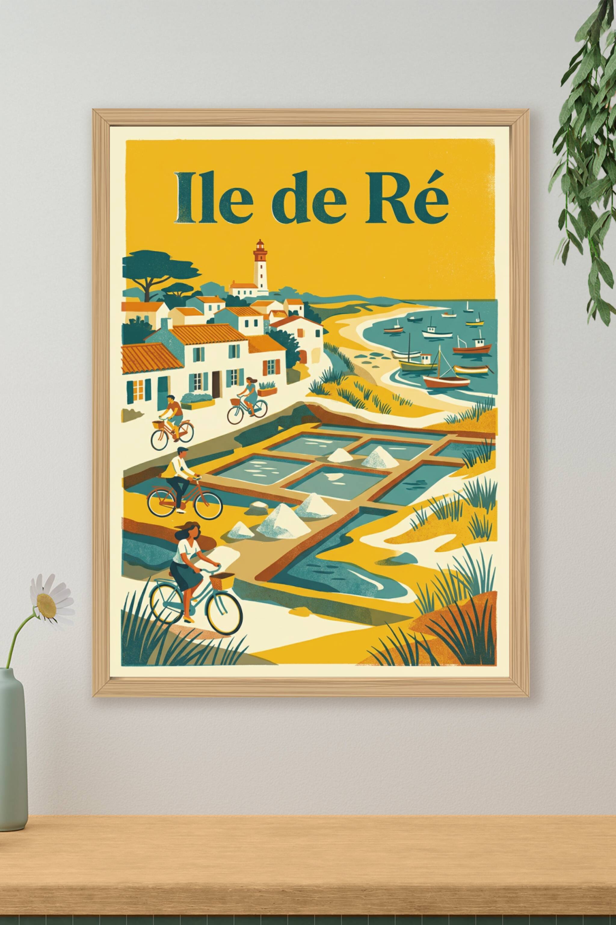 Affiche Ile de Ré, poster vintage avec cyclistes
