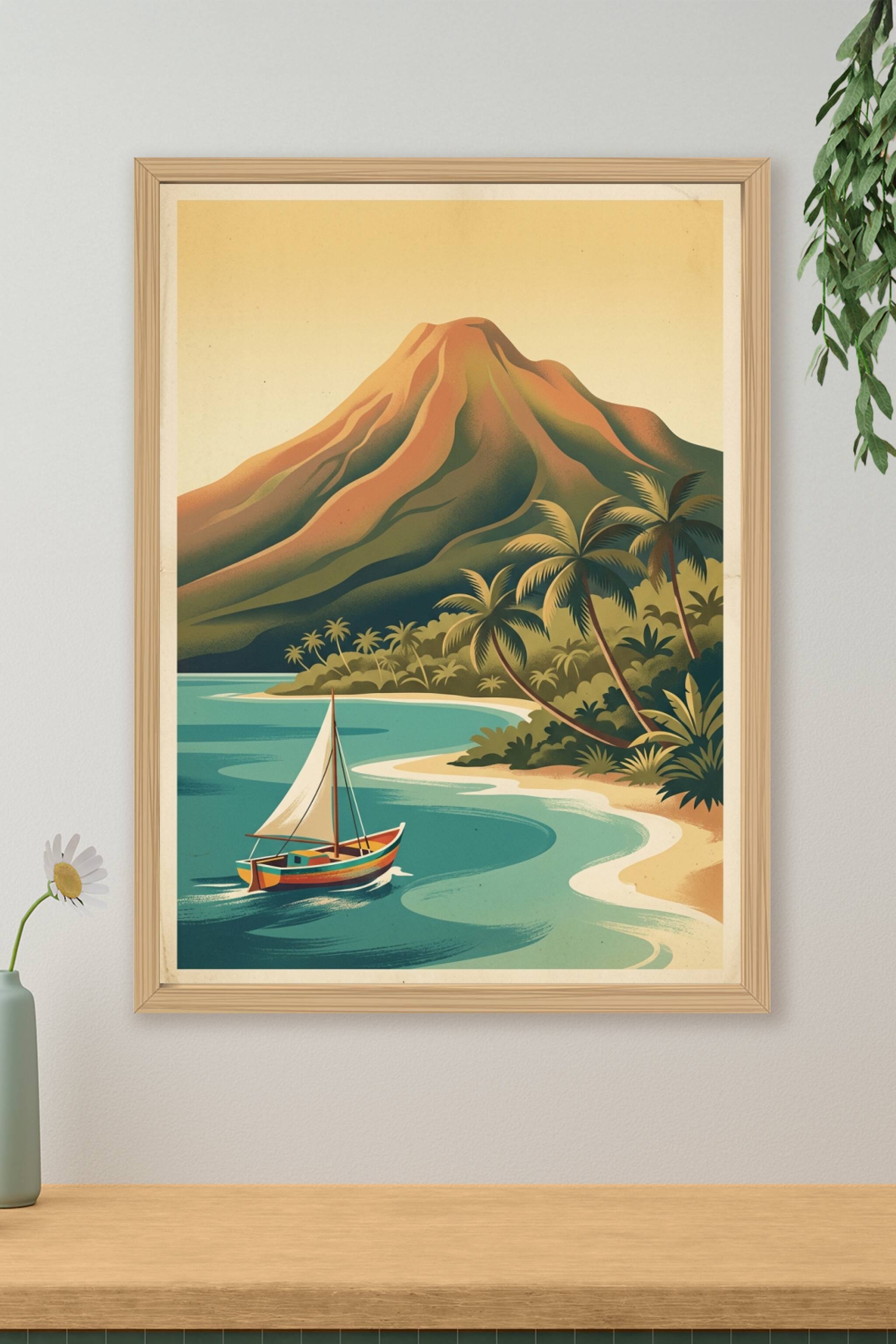 Affiche d'île tropicale, décor volcan vintage