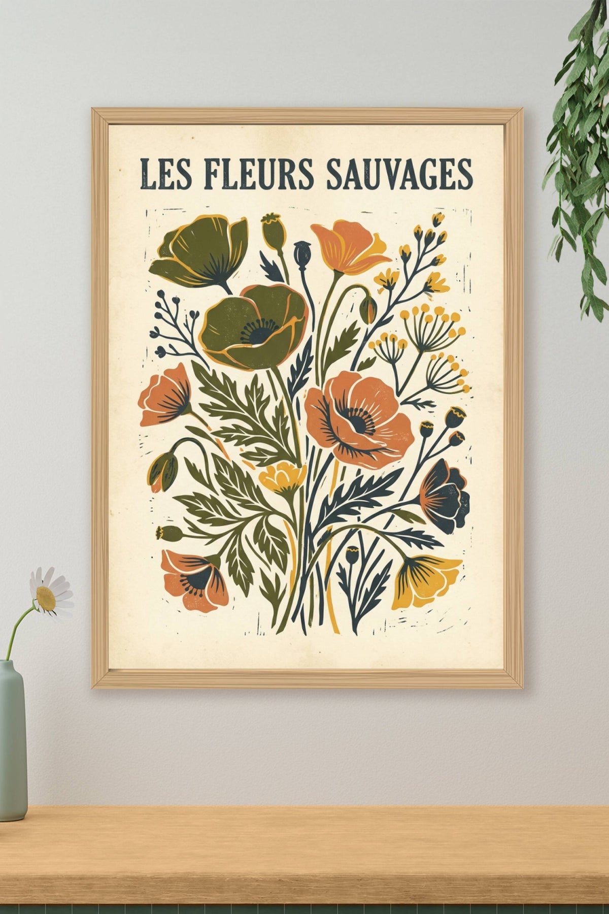 Affiche Les Fleurs Sauvages, style linogravure