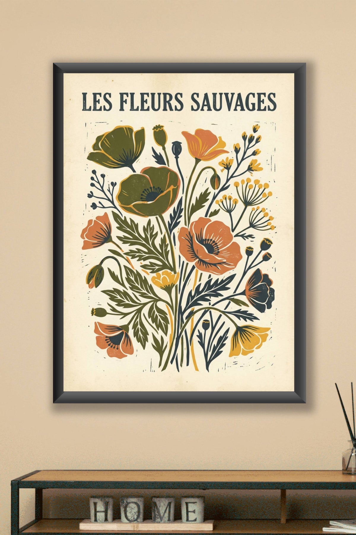 Affiche Les Fleurs Sauvages, style linogravure