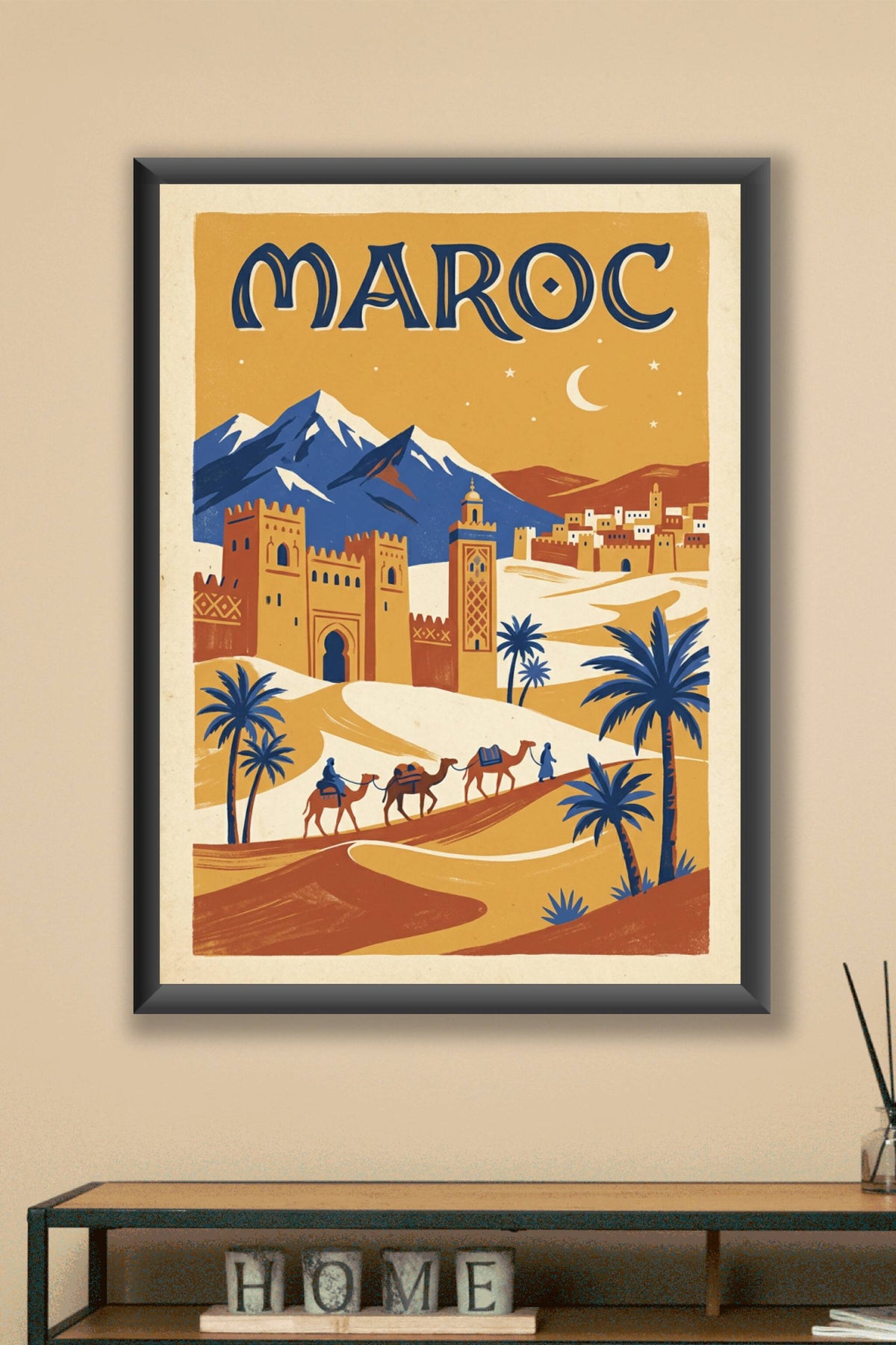 Affiche du Maroc, poster vintage désert et montagnes